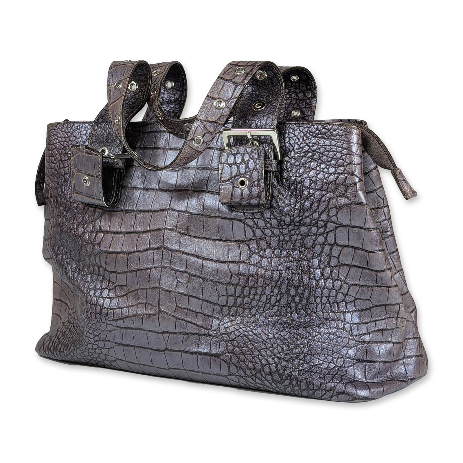 Roberta Gandolfi Italian Leather Tote Bag: Whiting and Davis Co. A trio of vintage metal mesh evening bags in gold and silver tones. The assortment includes a large gathered gold-tone mesh wristlet with a ball kiss-lock metal frame and flat me