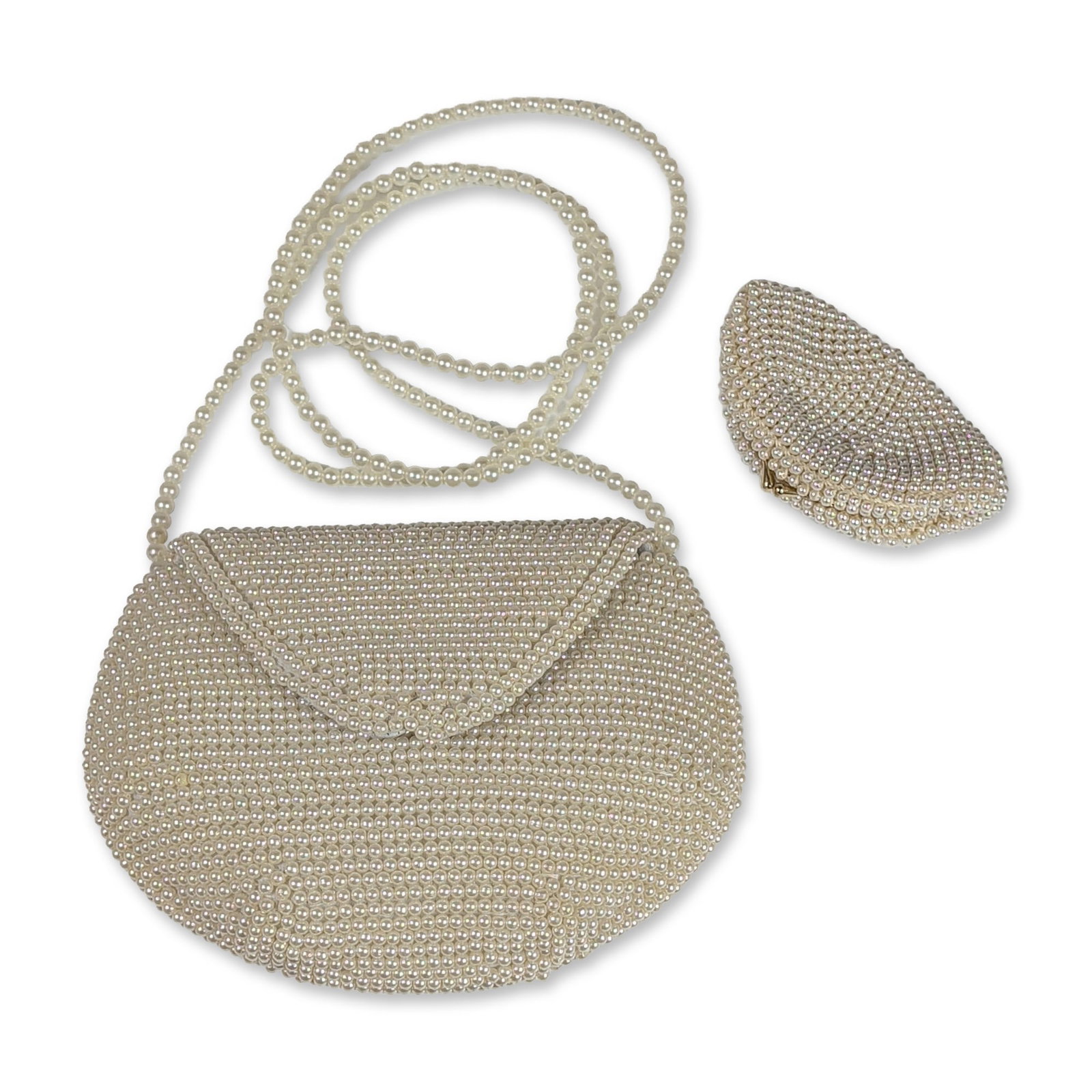 2pc Faux Pearl Beaded Evening Bag Set: Two-piece evening accessory set featuring a shoulder bag and coordinating coin purse, both heavily embellished with cream-colored faux pearls. The envelope-style shoulder bag is designed with a rounde