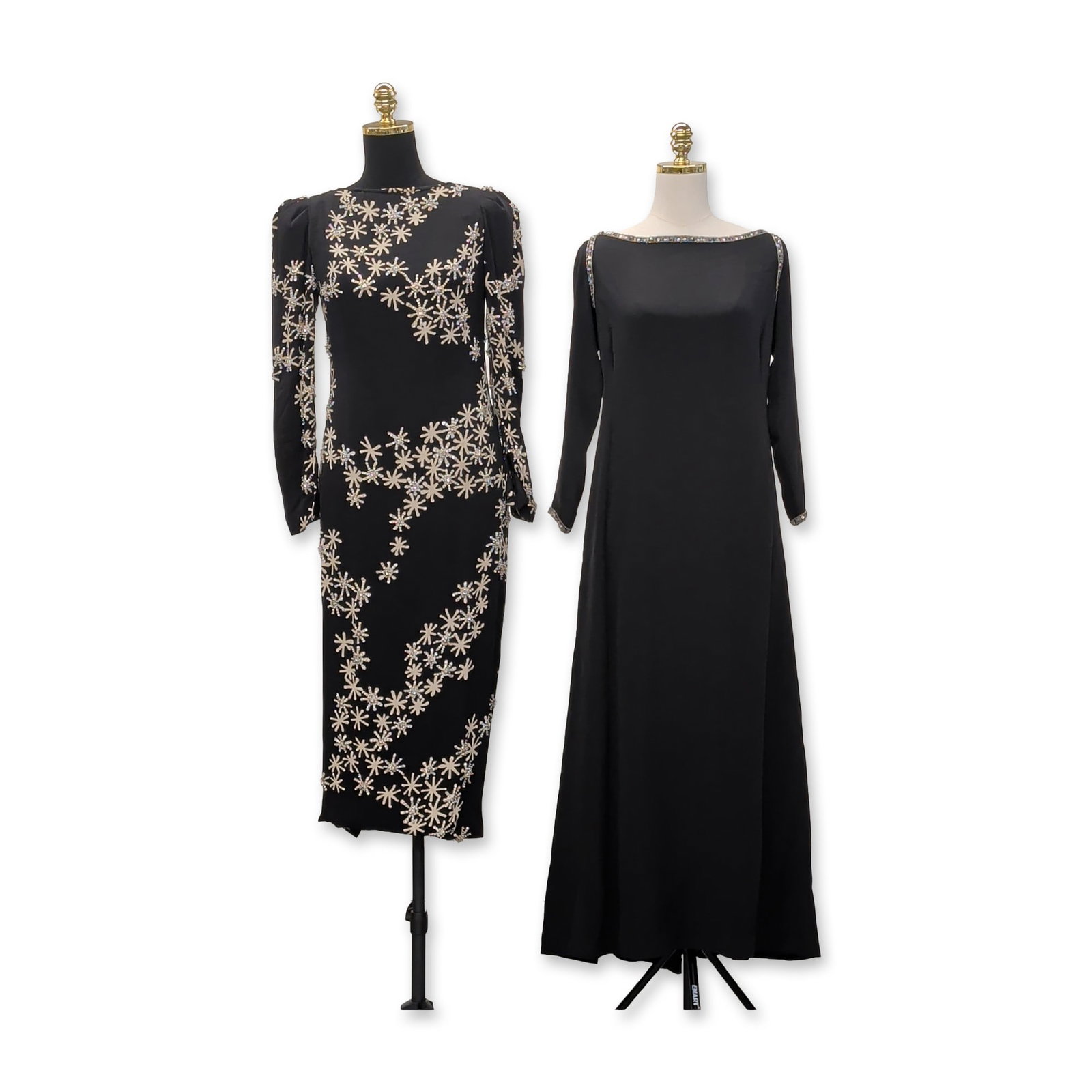 Two Black Embellished Evening Gowns: Ralph Lauren Purple Label. Full-length evening cape or wrap constructed from black silk-blend velvet, featuring dense, all-over hand-beading in scrolling paisley and geometric motifs. The embroidery i