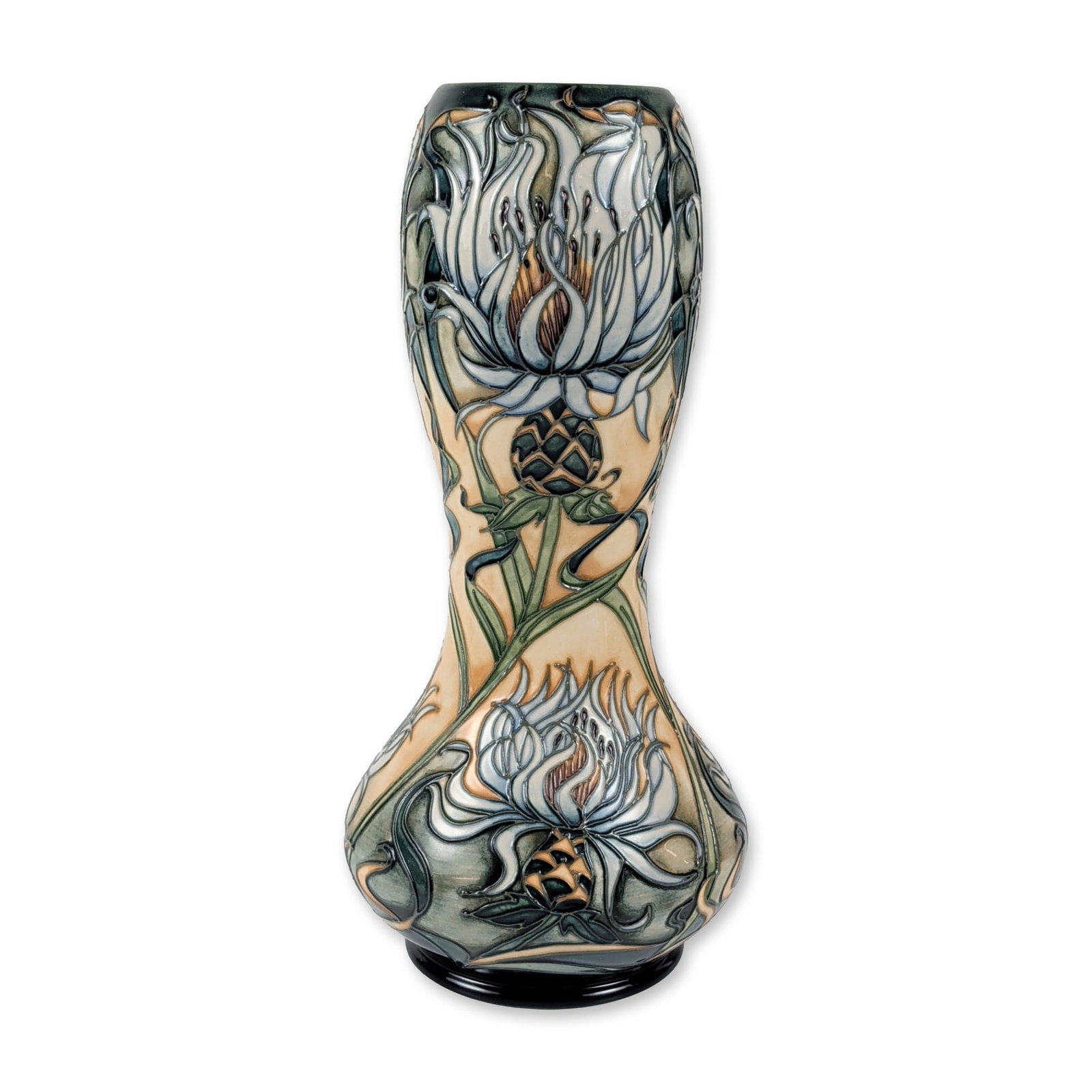Moorcroft Montana Cornflower Rachel Bishop Pottery Vase: Moorcroft pottery vase in the Montana Cornflower pattern designed by Rachel Bishop, dated 2000. Ceramic vessel of hourglass form with bulbous lower body and flared rim, decorated with tube-lined white