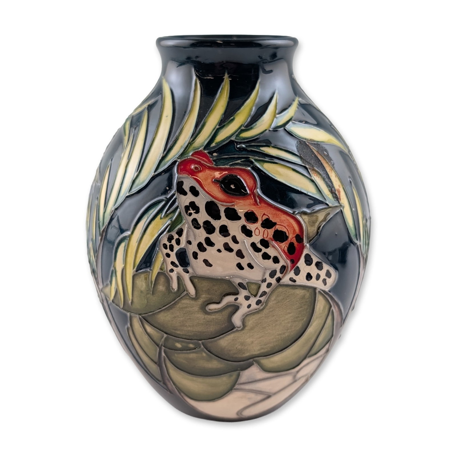 Moorcroft Vicky Lovatt Darting Frogs Trial Vase: Moorcroft Pottery, Stoke-on-Trent, England. Earthenware trial vase in the Darting Frogs pattern from the Costa Rica series, designed by Vicky Lovatt. The bulbous form with a flared neck features hand-