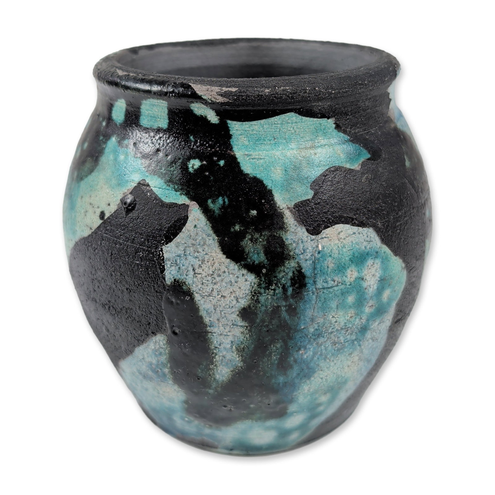 Studio Pottery Stoneware Fat Lava Vase: The stoneware vessel features a bulbous ovoid form with a short neck and flared rim. The exterior is decorated with a matte black base glaze and heavy, expressive applications of mottled turquoise col