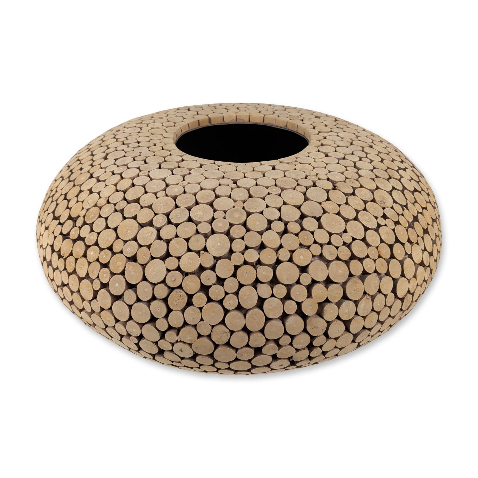 Contemporary Philippines Wood Slice Art Vase: Contemporary vase originating from the Philippines, designed as a convex circular form composed of densely packed cross-sections of light-colored wood branches. The natural wood elements display visib