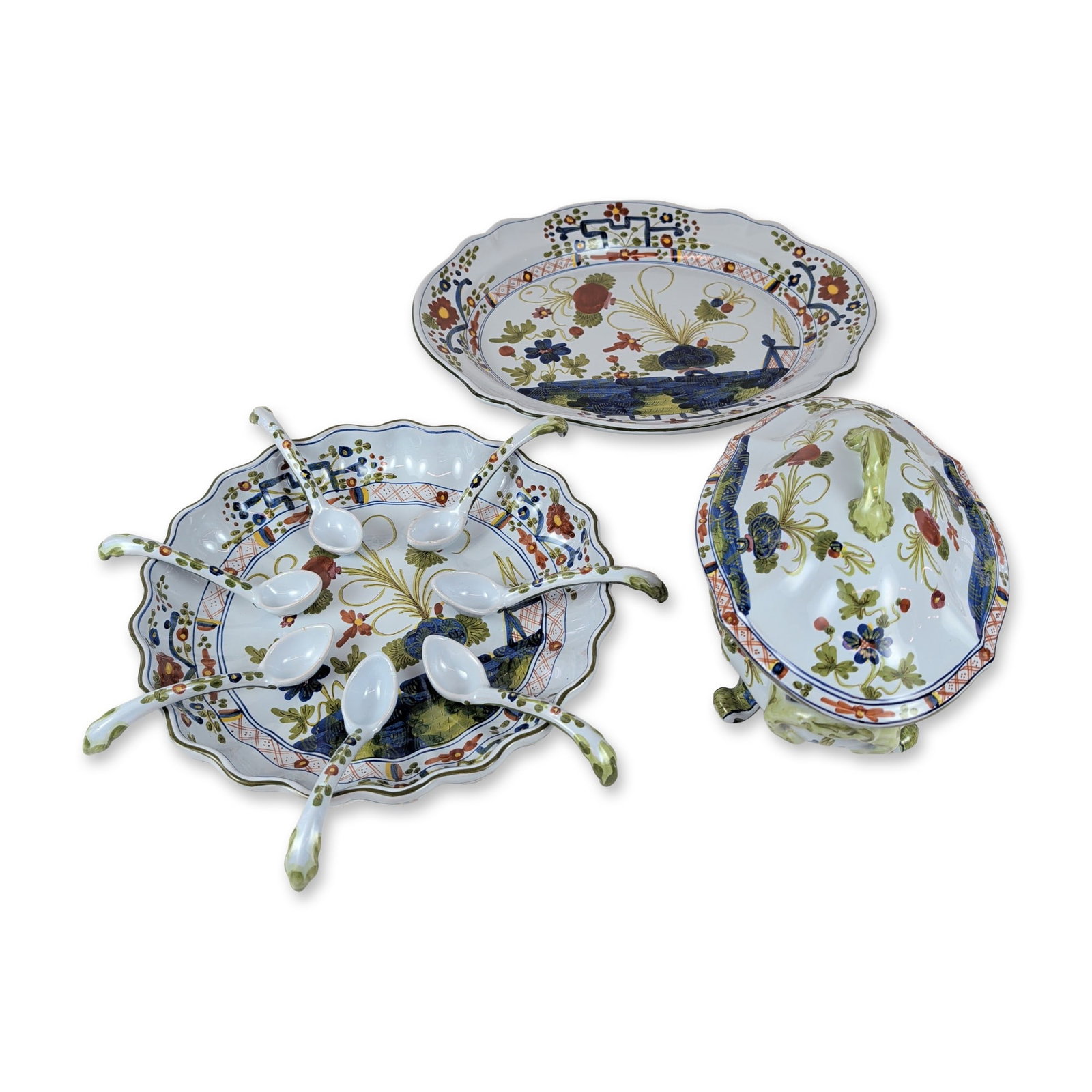 10pc AMM Faenza Italy Majolica Soup Tureen, Platters, and Ladles: The set has a melon-ribbed body with ornate scrolling handles, acanthus leaf details, and pedestal feet. It includes a tilting tea kettle on a stand with a removable spirit burner, a lidded sugar bowl
