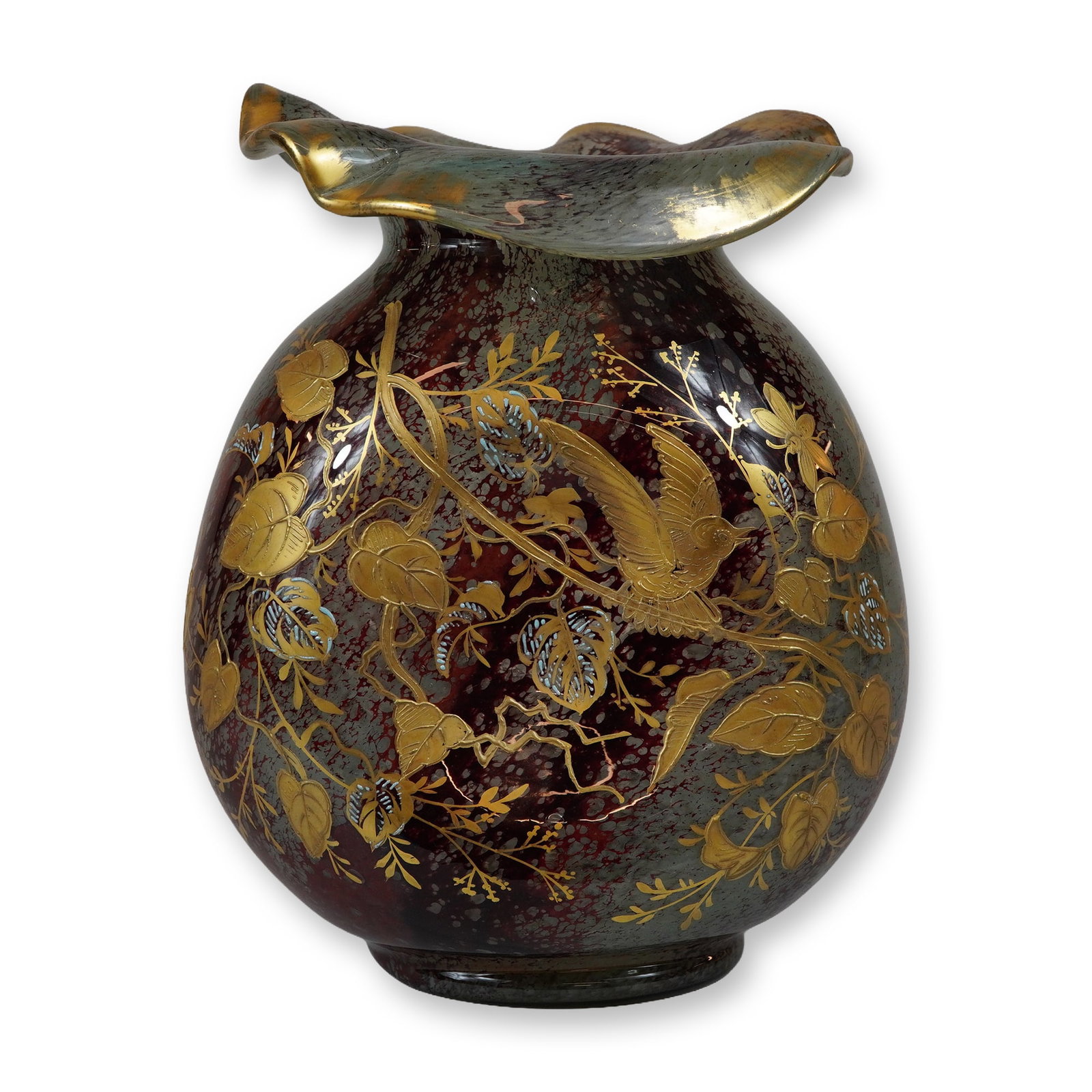 Ernest-Baptiste Leveille Enameled Art Glass Vase with Bird and Foliage (1 of 3)