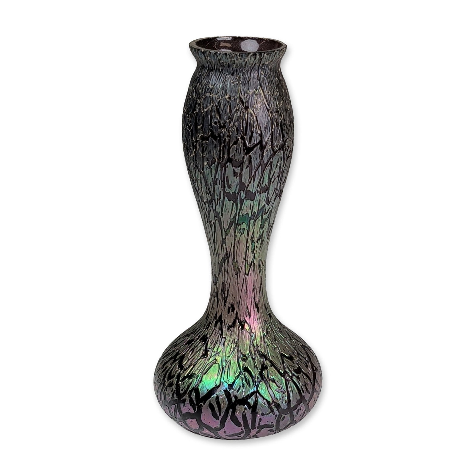 Josef Rindskopf Bohemian Iridescent Crackle Glass Vase: Early 20th century Bohemian art glass vase by Rindskopf in the "crackle" decor. This hand-blown glass vessel features a deep ruby red interior visible through the mouth, with an exterior finished in a