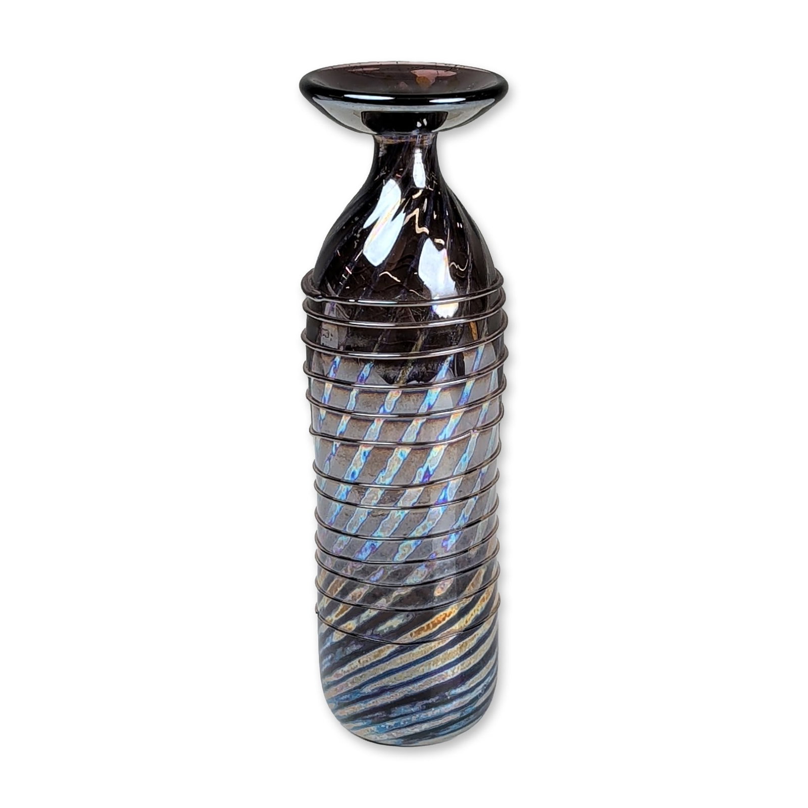 Robert Coleman Iridescent Art Glass Cylinder Vase, Signed: Hand-blown vessel of tapered cylindrical form with a flared rim and narrow foot, featuring an iridescent pulled feather motif in shades of blue, gold, and turquoise on a dark ground. The body is furth
