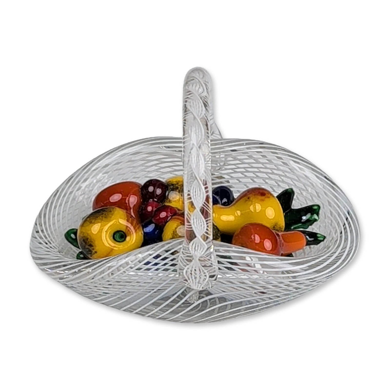 Saint Louis French Latticinio Crystal Fruit Basket: Waterford Crystal. Pompeii pattern footed bowl in hand-cut lead crystal, featuring vertical wedge cuts at the rim and a field of diamond cuts at the base. Underside displays an acid-etched seahorse ma