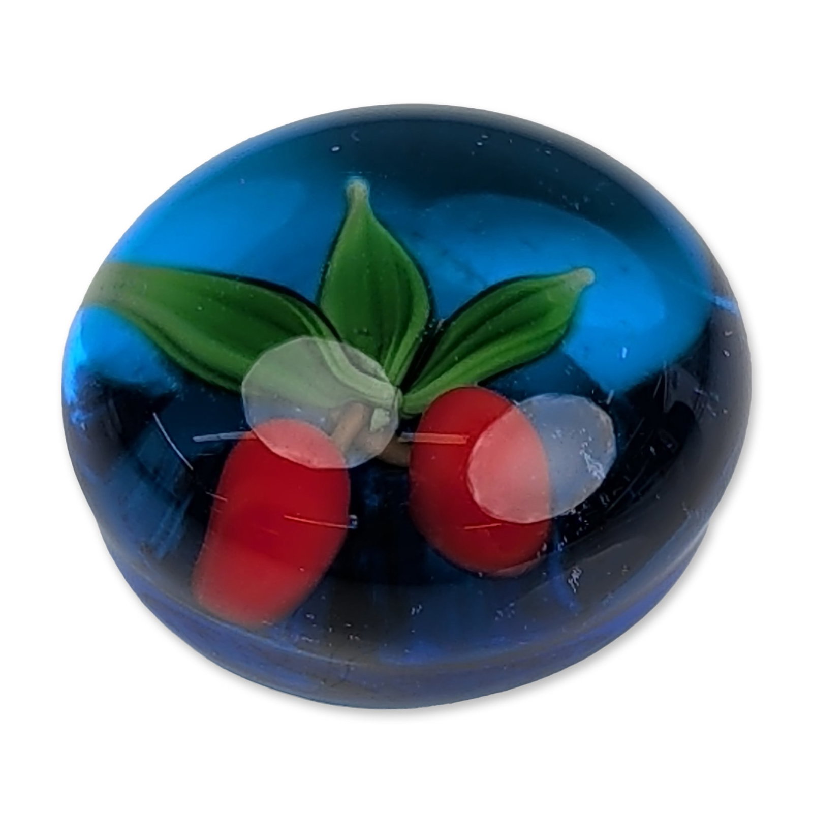 Gordon Smith Wheaton Village Miniature Glass Paperweight: Gordon Smith (American, b. 1959), Wheaton Village, 1983. A miniature lampwork glass paperweight featuring a central motif of two red cherries on brown stems accompanied by three green leaves. The deco