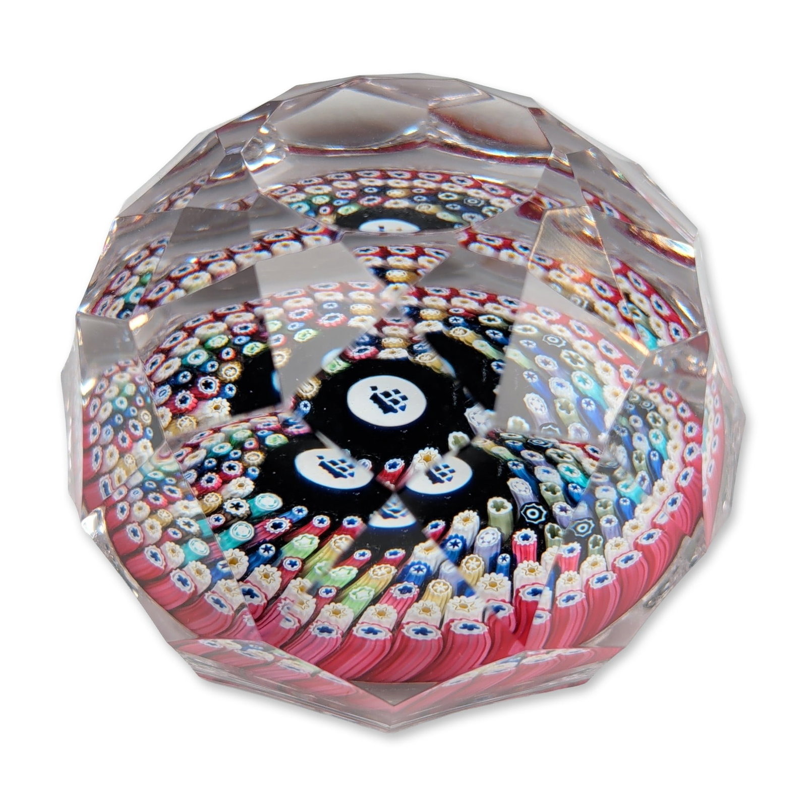 Whitefriars London 1970 Mayflower Commemorative Millefiori Paperweight: Two Murano art glass paperweights, including a faceted mushroom overlay example and a concentric latticino example. The faceted weight features a central multicolored pastel millefiori mushroom rising