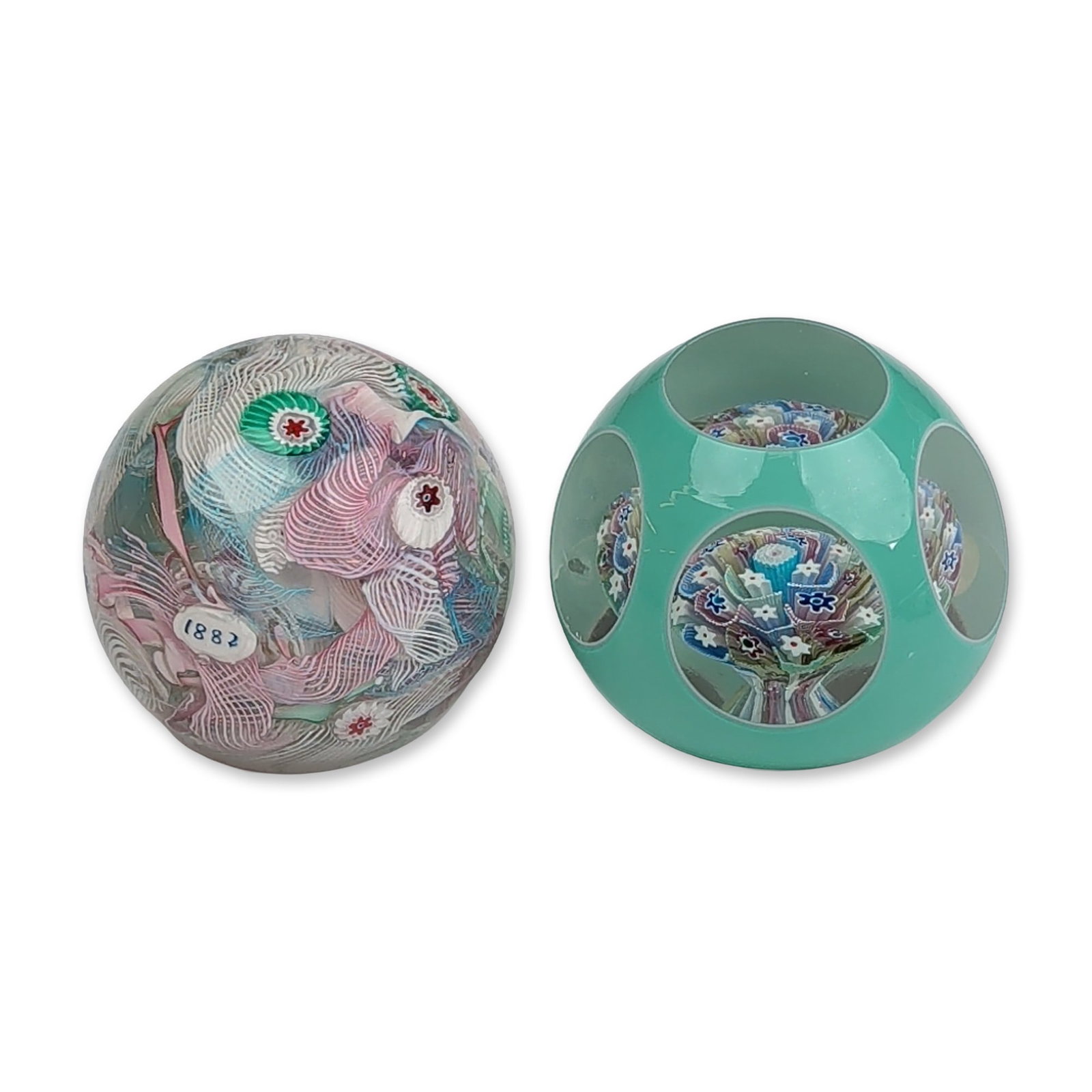 Two Murano Millefiori and Latticino Art Glass Paperweights: Lladro. Figural group in glazed porcelain titled Rickshaw Ride, model number 1383, depicting an Asian scene with a man pulling a rickshaw and a seated female passenger holding a parasol. The sculpture