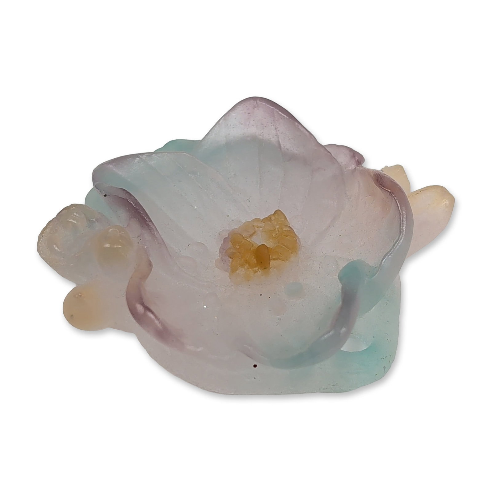 Daum France Pate de Verre Rose Flower Figurine: Rose flower sculpture in pate de verre glass, featuring a multi-petaled form with a frosted, sugary texture. The polychrome glass transitions from pale amethyst purple at the petal tips to a soft cela