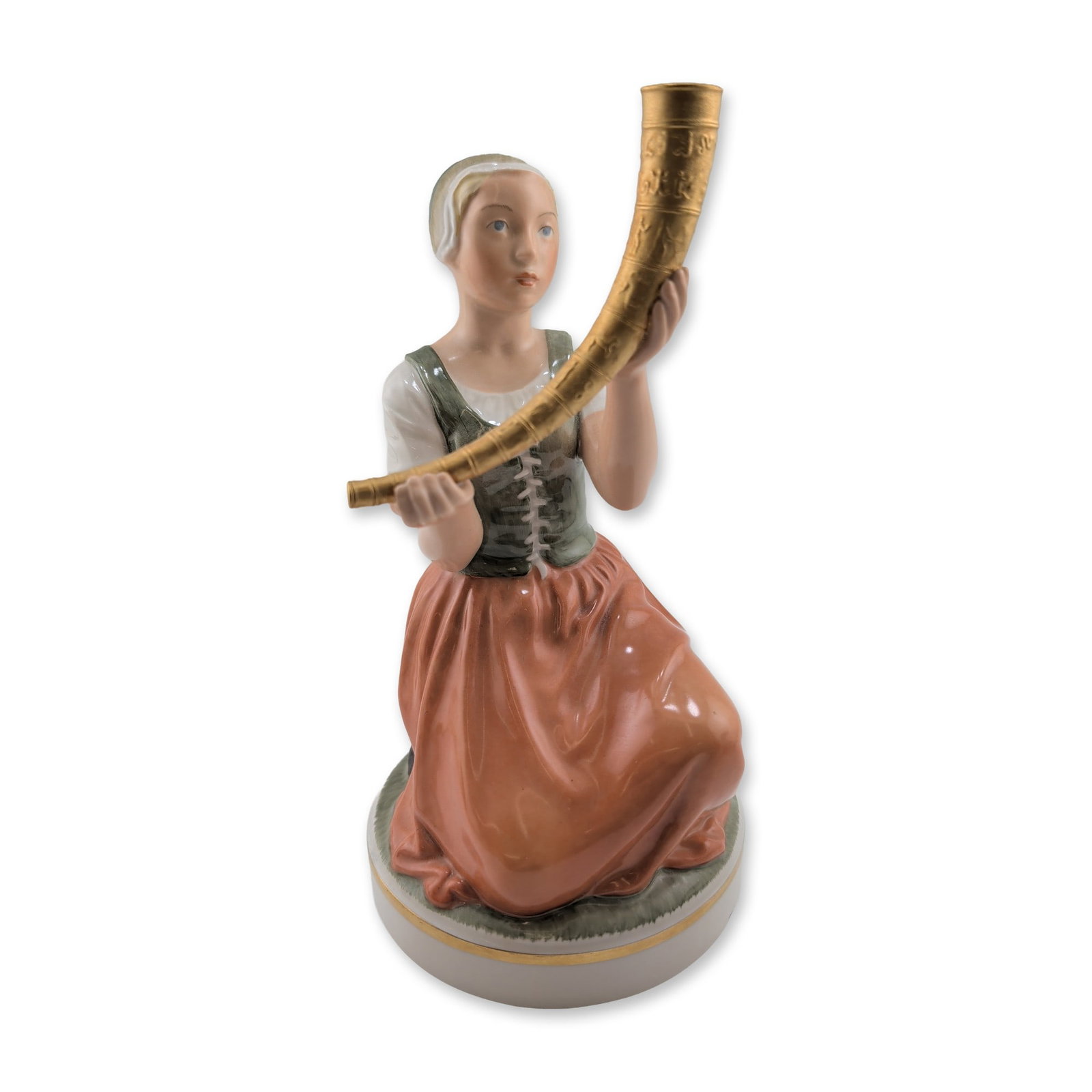 Royal Copenhagen Porcelain Girl with the Golden Horn Figurine: A large-scale Goebel M.I. Hummel porcelain figurine titled Land in Sight (German: Land in Sicht), model number 630. This piece was produced as a special limited edition to commemorate the 500th annive