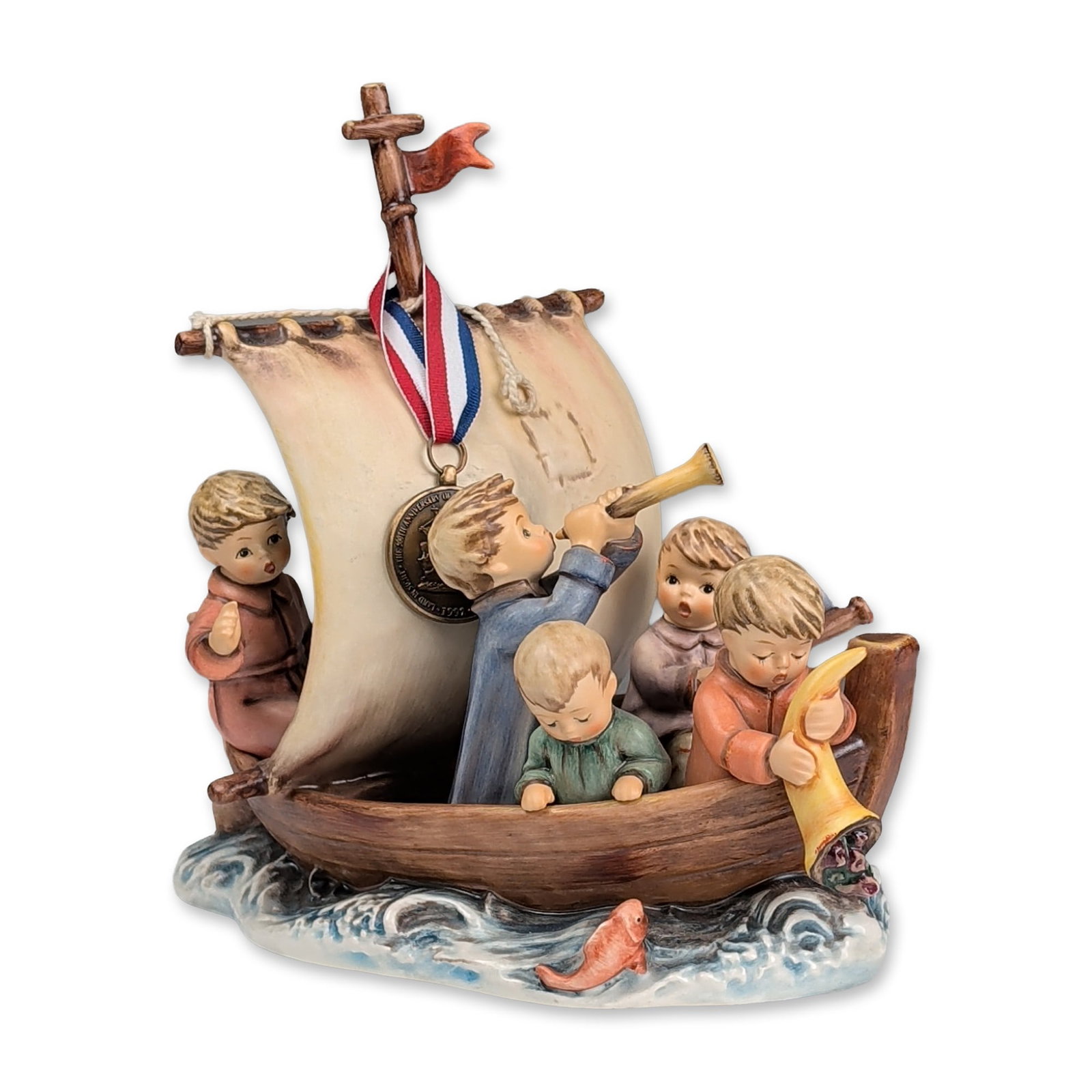 Goebel Hummel Limited Edition Porcelain Figurine, Land in Sight: A large-scale Goebel M.I. Hummel porcelain figurine titled Land in Sight (German: Land in Sicht), model number 630. This piece was produced as a special limited edition to commemorate the 500th annive