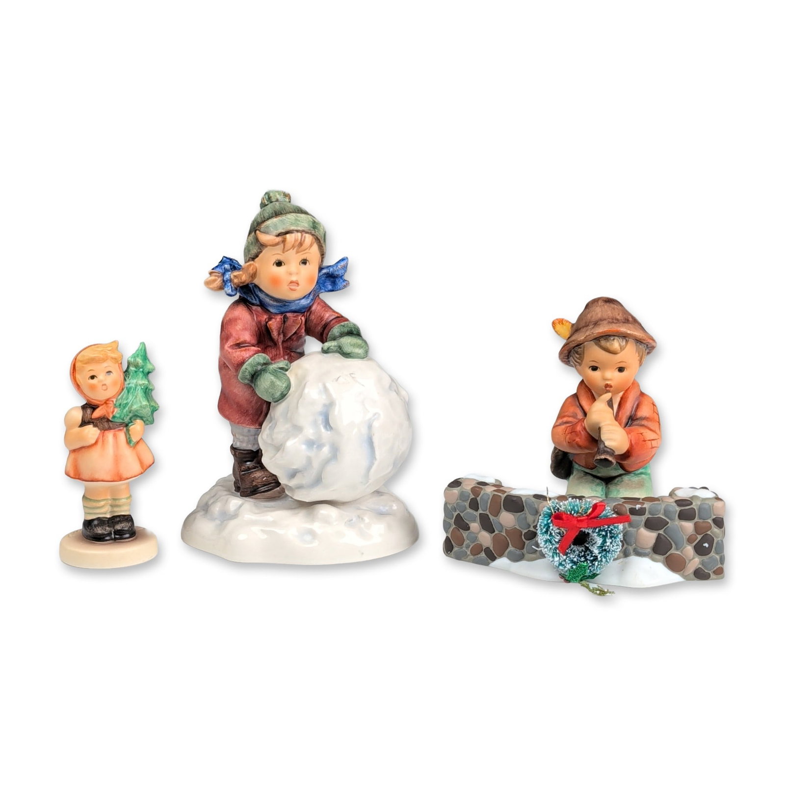 4pc Goebel Hummel Winter Figurines and Dept 56 Holiday Brick Wall (1 of 4)