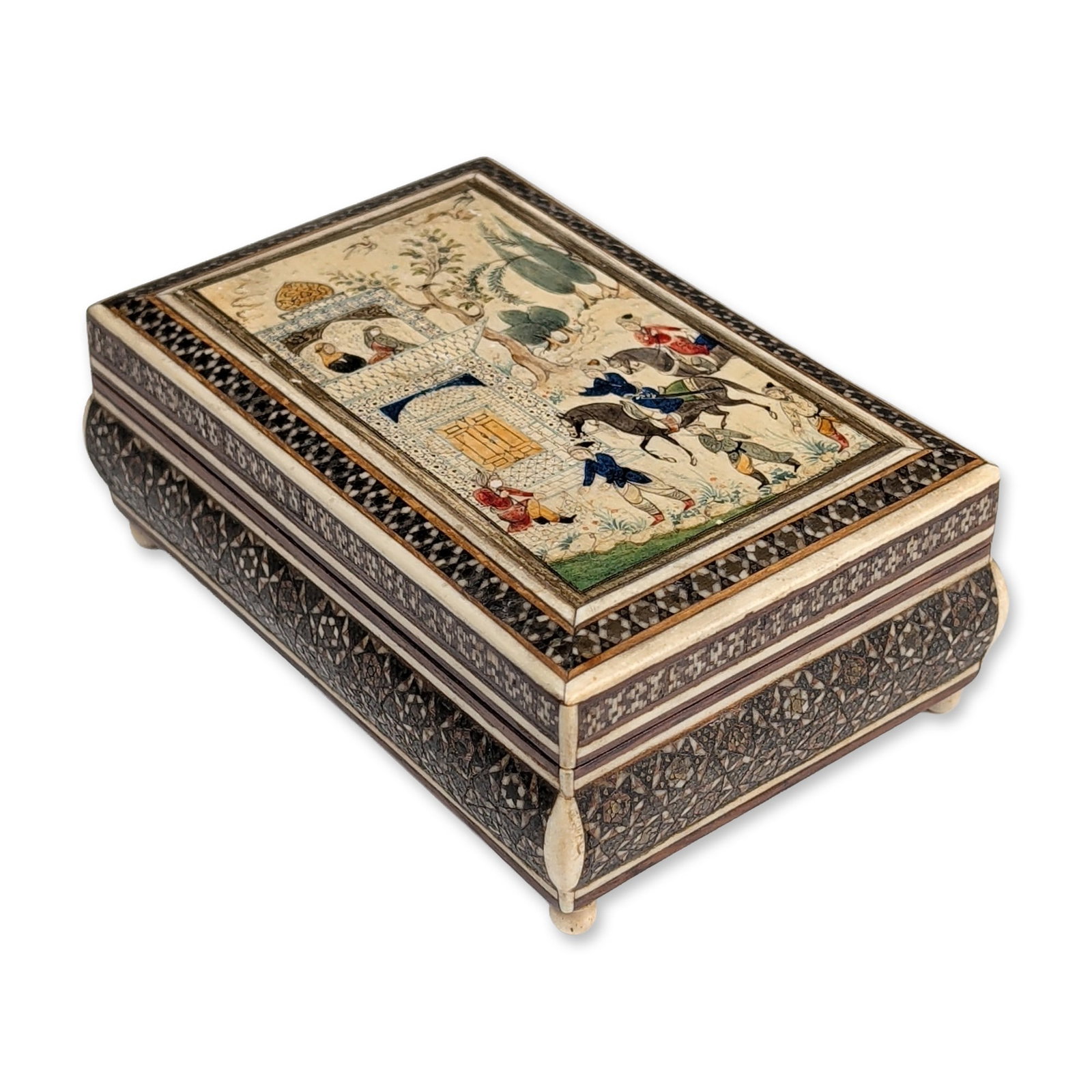 Persian Khatamkari and Miniature Painted Wooden Jewelry Box: Persian khatamkari and miniature-painted wooden box featuring micro-mosaic inlay on the lid and all exterior vertical surfaces. The central panel of the lid contains a hand-painted scene on a bone sub