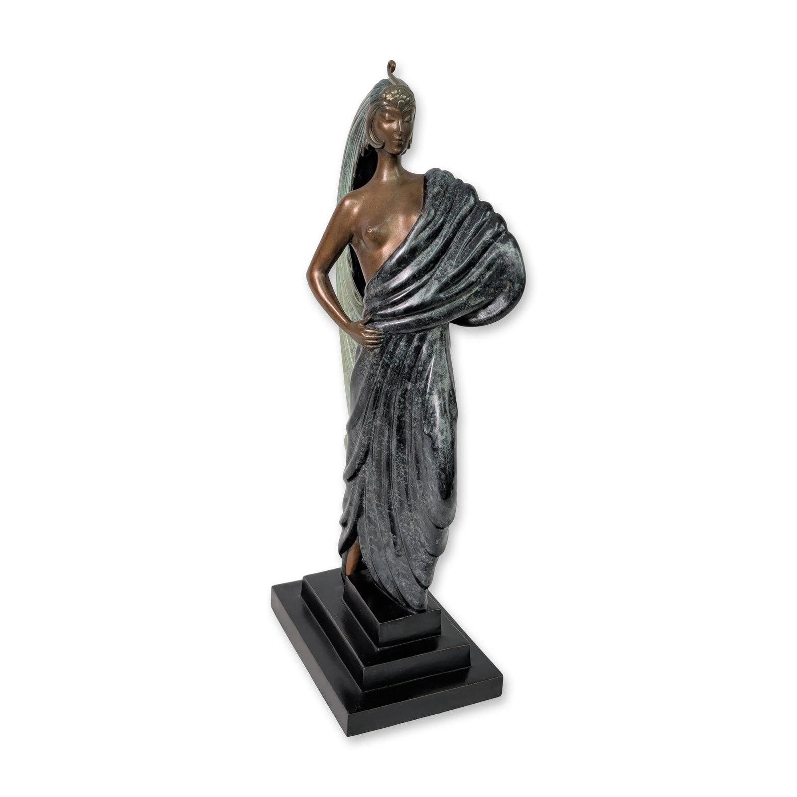 Erte (Russian-French, 1892-1990), Polychrome Bronze Sculpture, Signed & Numbered: Erte (Romain de Tirtoff, Russian/French, 1892-1990) polychrome bronze sculpture, titled Beauty and the Beast. The work depicts a stylized female figure in flowing drapery with an elaborate scrolling h