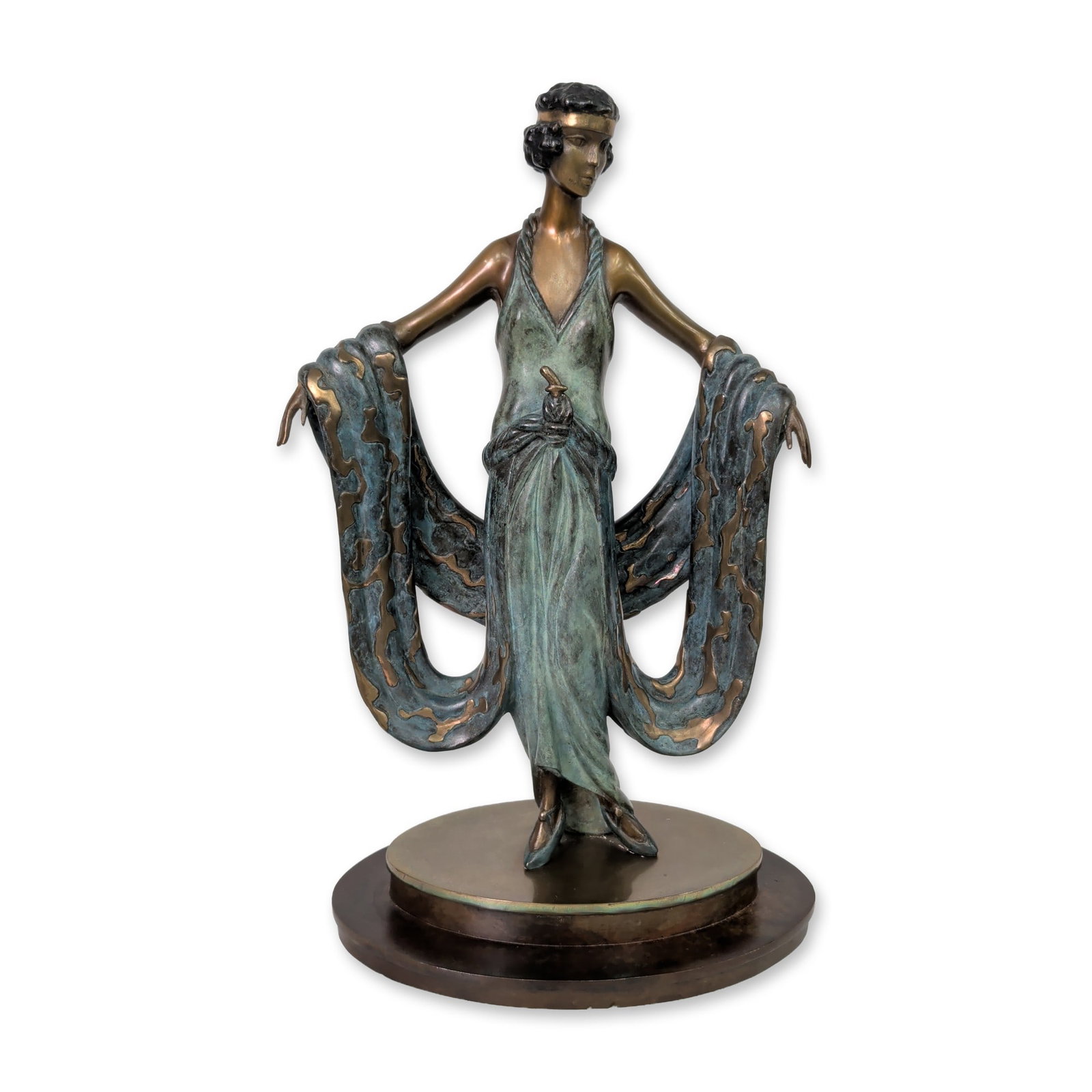 Erte (Russian/French, 1892-1990) Art Deco Polychrome Bronze Sculpture, Signed & Numbered: Erte (Romain de Tirtoff) (Russian/French, 1892-1990) polychrome bronze sculpture titled Gala, executed in 1980, depicting a stylized female figure in an Art Deco gala gown. The slender figure is desig
