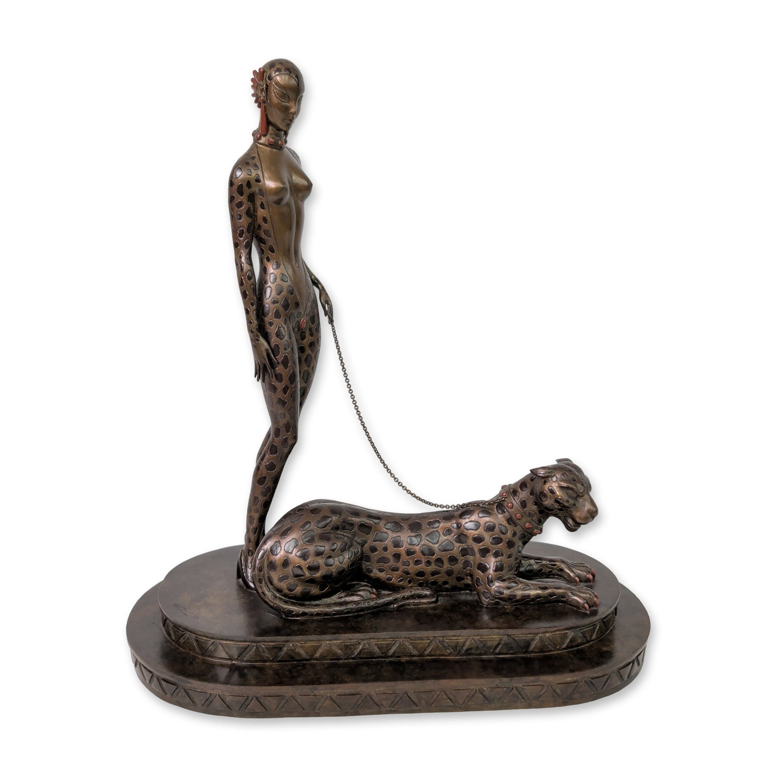 Erte (Russian/French, 1892-1990), Bronze Sculpture, Femme avec Panthere, Signed & Numbered: A modernist abstract bronze sculpture features a reclining, intertwined couple with flowing biomorphic shapes and striking negative space, finished in a rich dark brown patina. Near the bottom edge, i