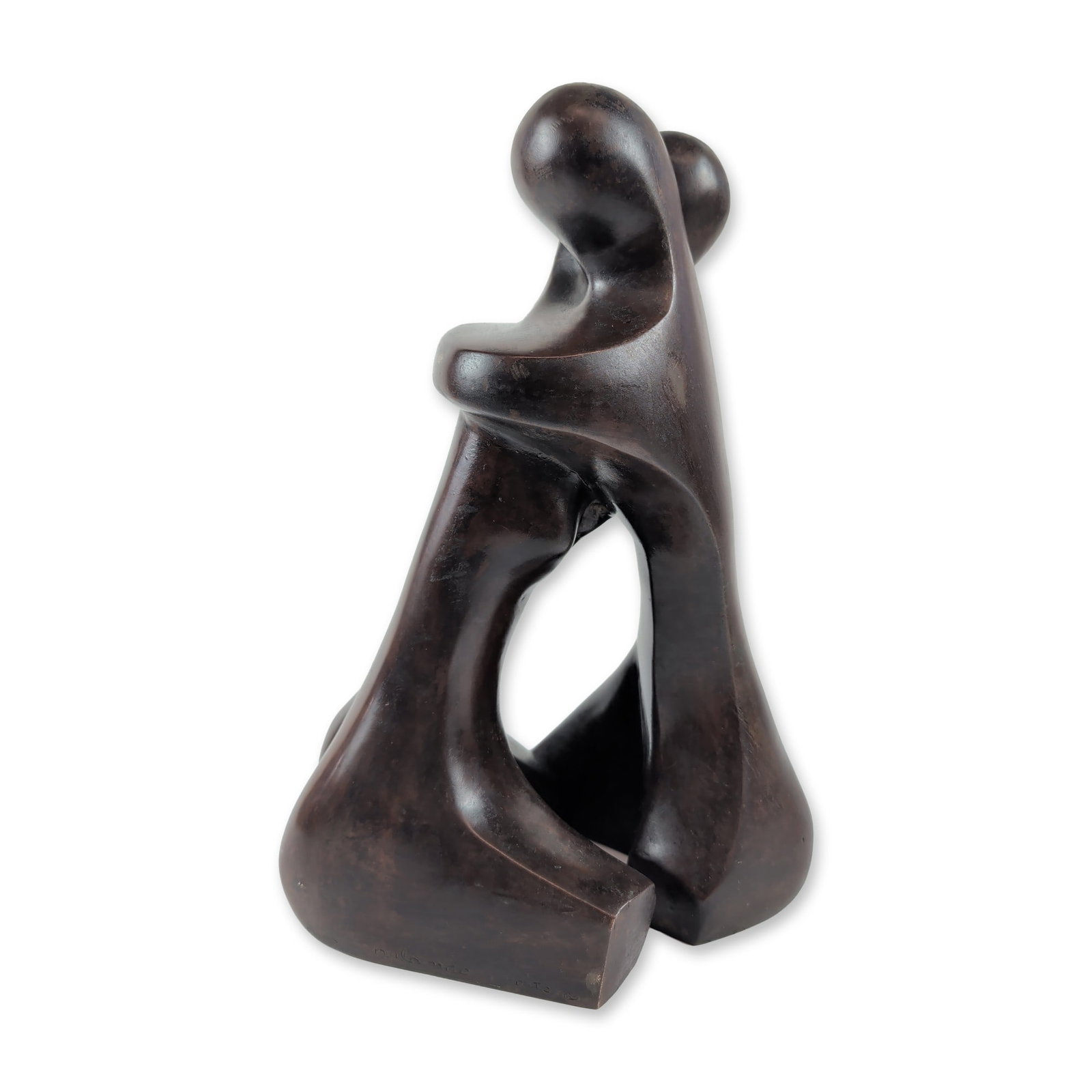 Fina Guerrero & Orlando Montoya Bronze Modernist Abstract Sculpture: A modernist abstract bronze sculpture features a reclining, intertwined couple with flowing biomorphic shapes and striking negative space, finished in a rich dark brown patina. Near the bottom edge, i