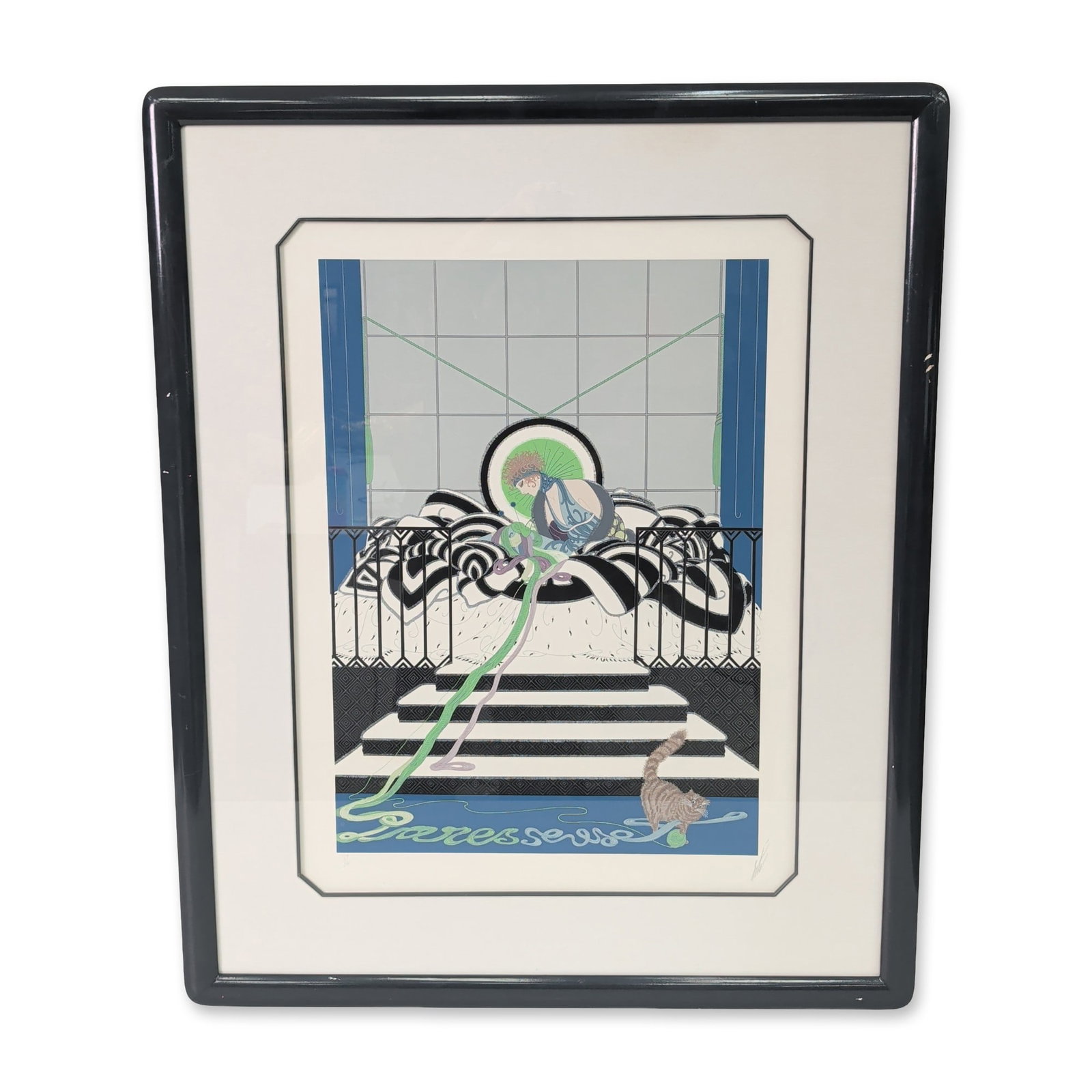 Erte (Russian/French, 1892-1990), Serigraph on Paper, Paresseuse, Signed & Numbered: Erte (Russian/French, 1892-1990) serigraph on paper titled Paresseuse, depicting a stylized female figure in flowing black and white patterned robes with a green headpiece, accompanied by a cat playin