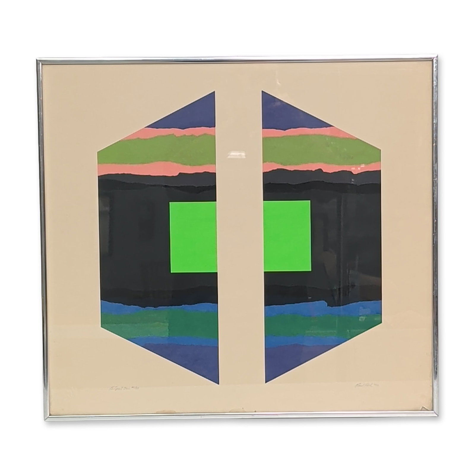 Paul Reed (American, 1919-2015) Color Screenprint, Gilport One: Paul Reed (American, 1919-2015). Color screenprint on paper titled Gilport One, 1971. The abstract geometric composition, characteristic of the Washington Color School, features two symmetrical, verti