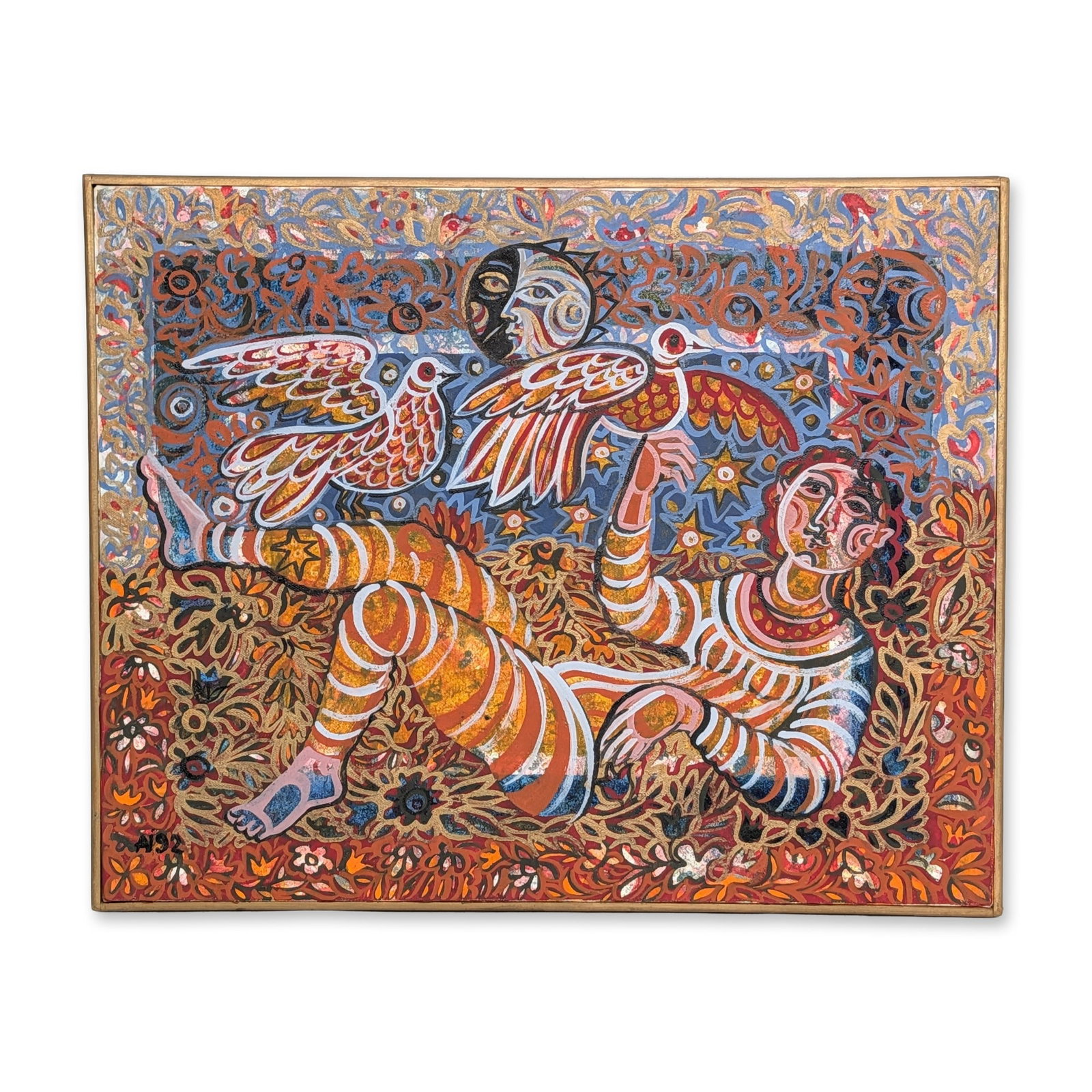 Modern Folk Art Oil on Canvas: Executed in a highly decorative, symbolist folk art style. The composition features a central reclining figure dressed in vibrant orange and white horizontal stripes, resting peacefully against an inc