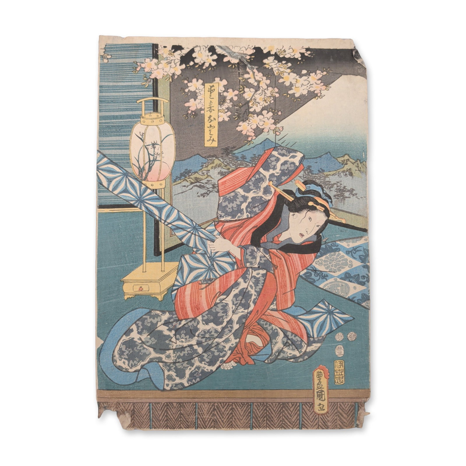 Utagawa Kunisada (Toyokuni III) (Japanese, 1786-1865), Woodblock Print: Actor on a Veranda with: A Kabuki actor stands on a wooden veranda in patterned robes against a background of rolling hills and an ornate floor lantern. This 19th-century ukiyo-e design from the Utagawa lineage features a ver