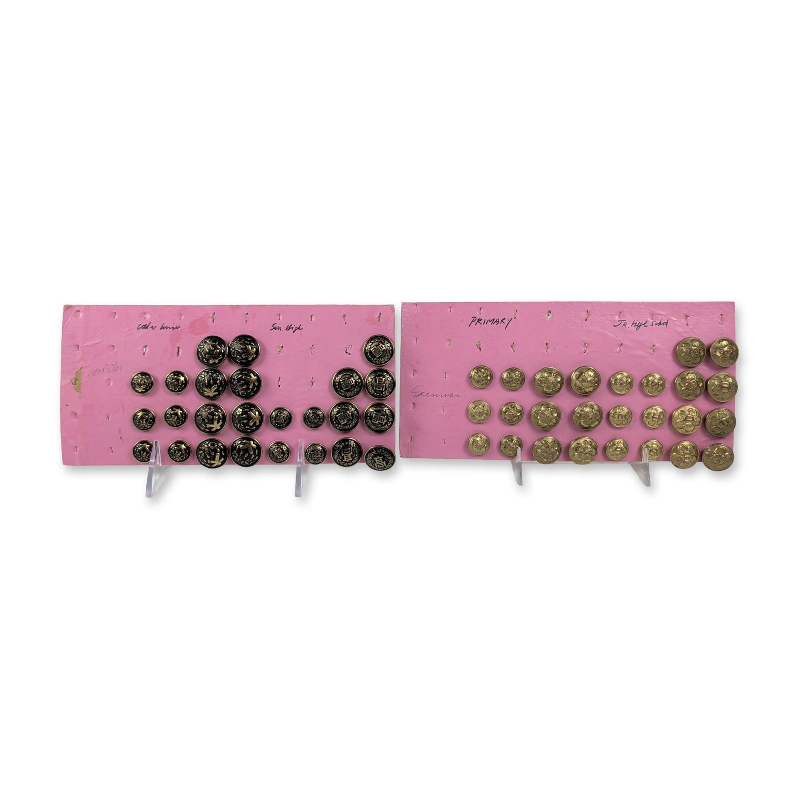 Japanese Showa Era Brass School Uniform Buttons: This mid-20th century collection of Japanese school uniform buttons showcases various "gakuran" styles in brass and patinated base metal, each representing different educational levels. The buttons ar