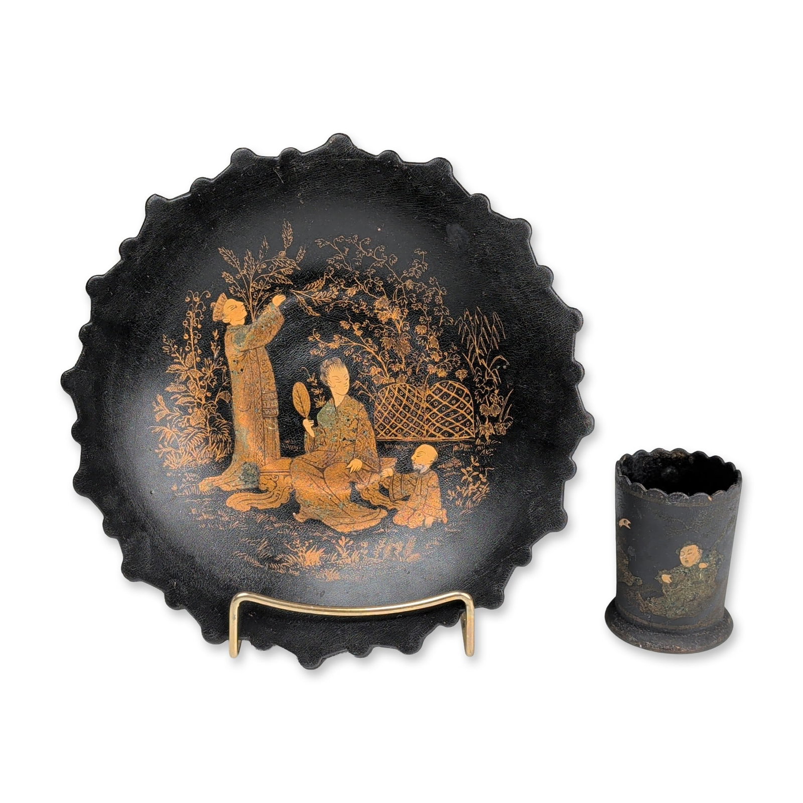 2pc Vintage Asian Black Lacquered Chinoiserie Papier Mache Set, Plate and Vase (1 of 6)