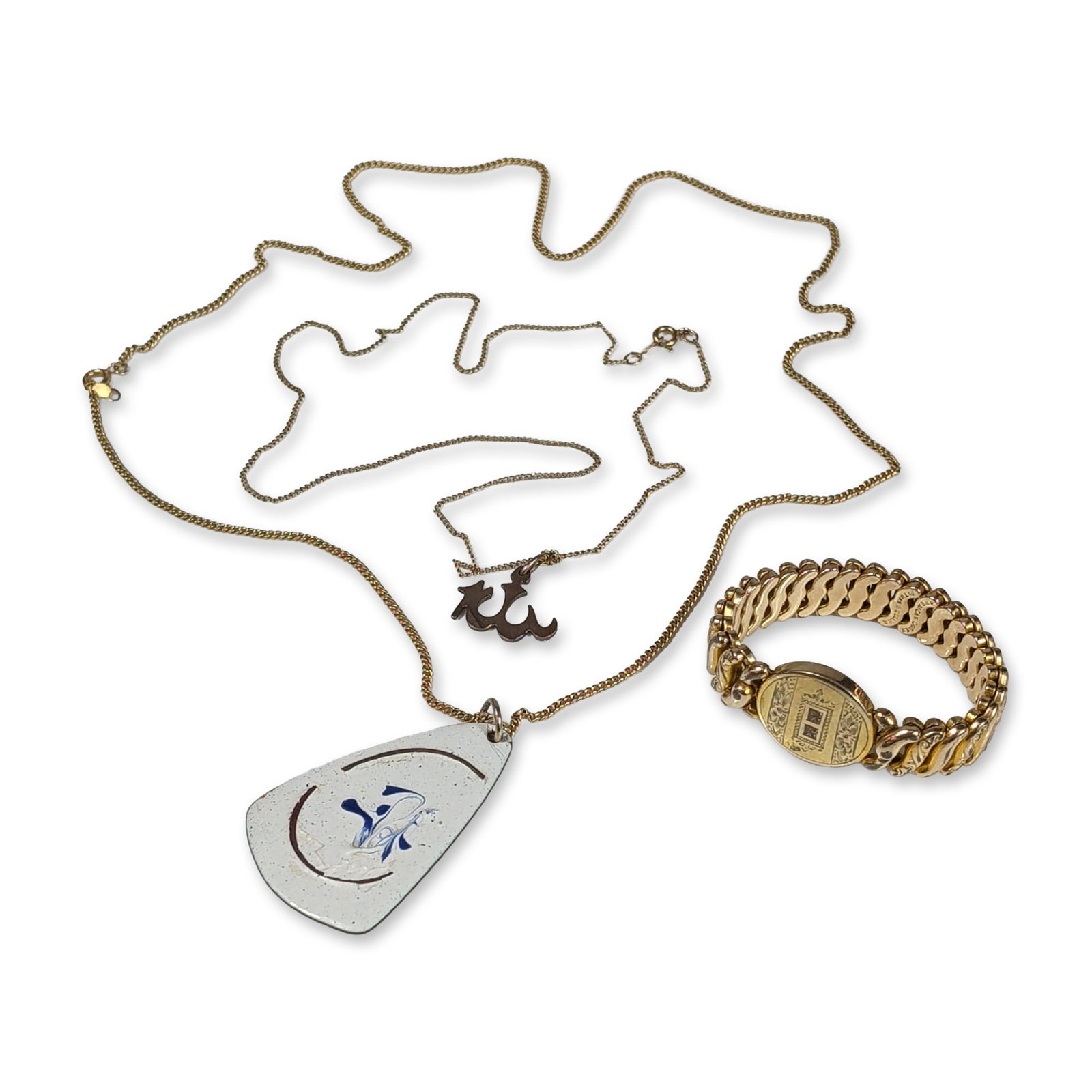3pc 12K Gold Plated Bracelet and Necklaces: 12K gold plated trio of jewelry pieces, including an American Queen expansion bracelet and two pendant necklaces. The expansion bracelet features an oval centerpiece with floral engravings and two rec