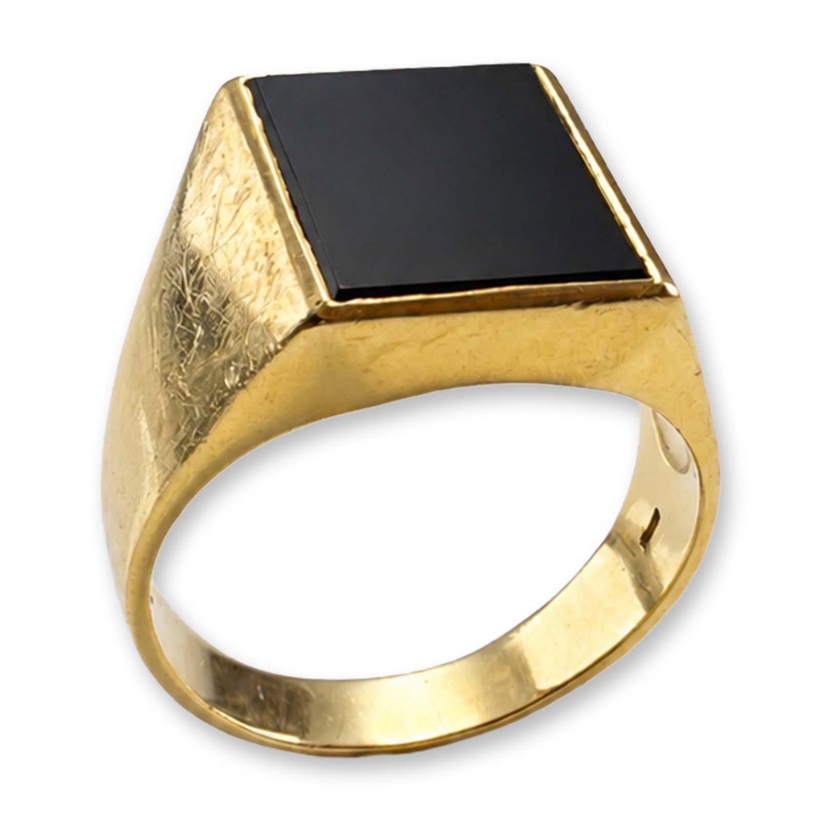 Italian 18K Yellow Gold and Black Onyx Signet Ring: Italian vintage signet ring in 18-karat yellow gold, featuring a rectangular black onyx tablet flush-set within a polished head. The interior of the band is stamped with a lozenge-shaped cartouche con