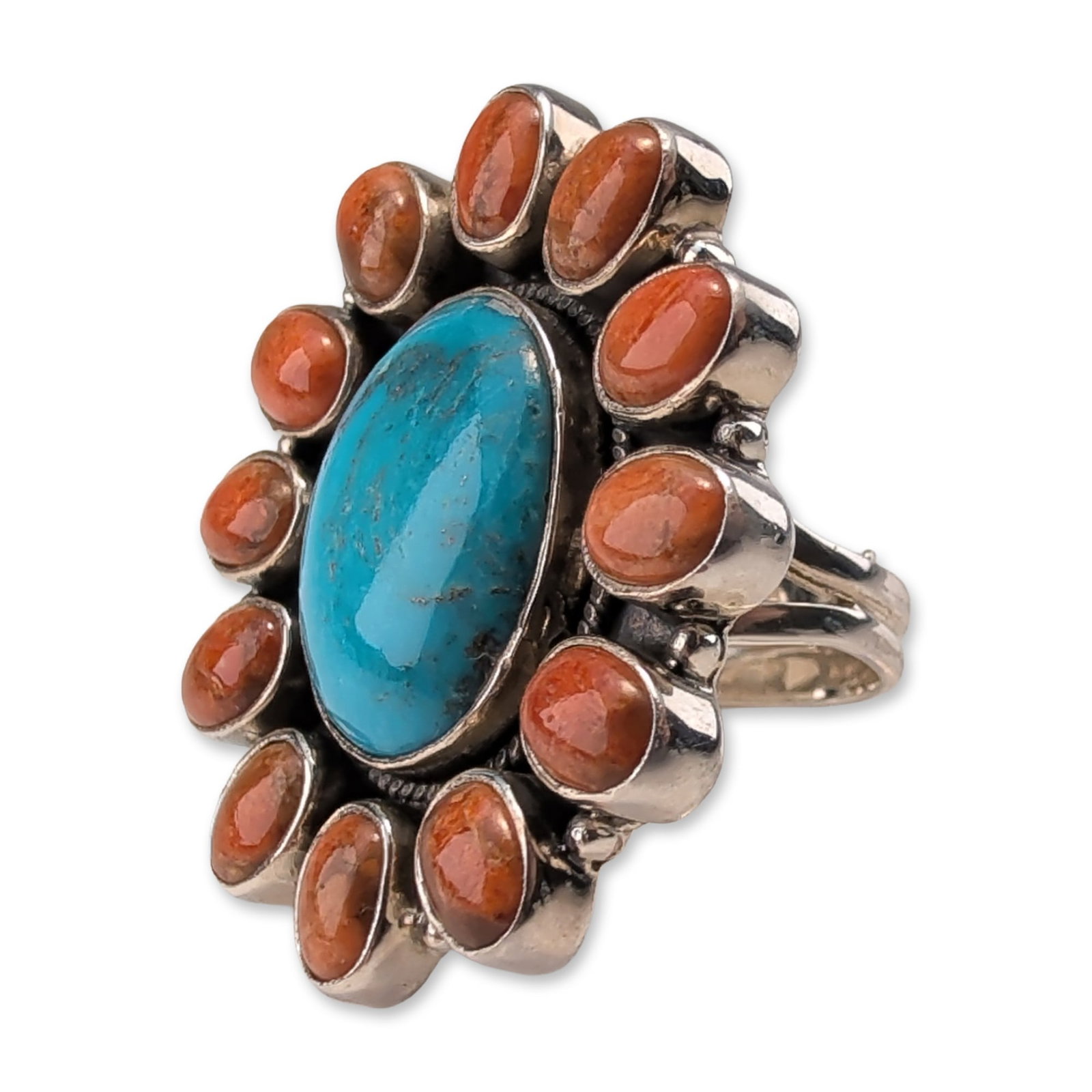 Sterling Silver Turquoise and Spiny Oyster Cluster Ring: Japanese silver and grey pearl jewelry set, comprising a pendant necklace and a ring. The necklace features a fine link chain and a pendant designed with two nested, teardrop-shaped open frames and a 