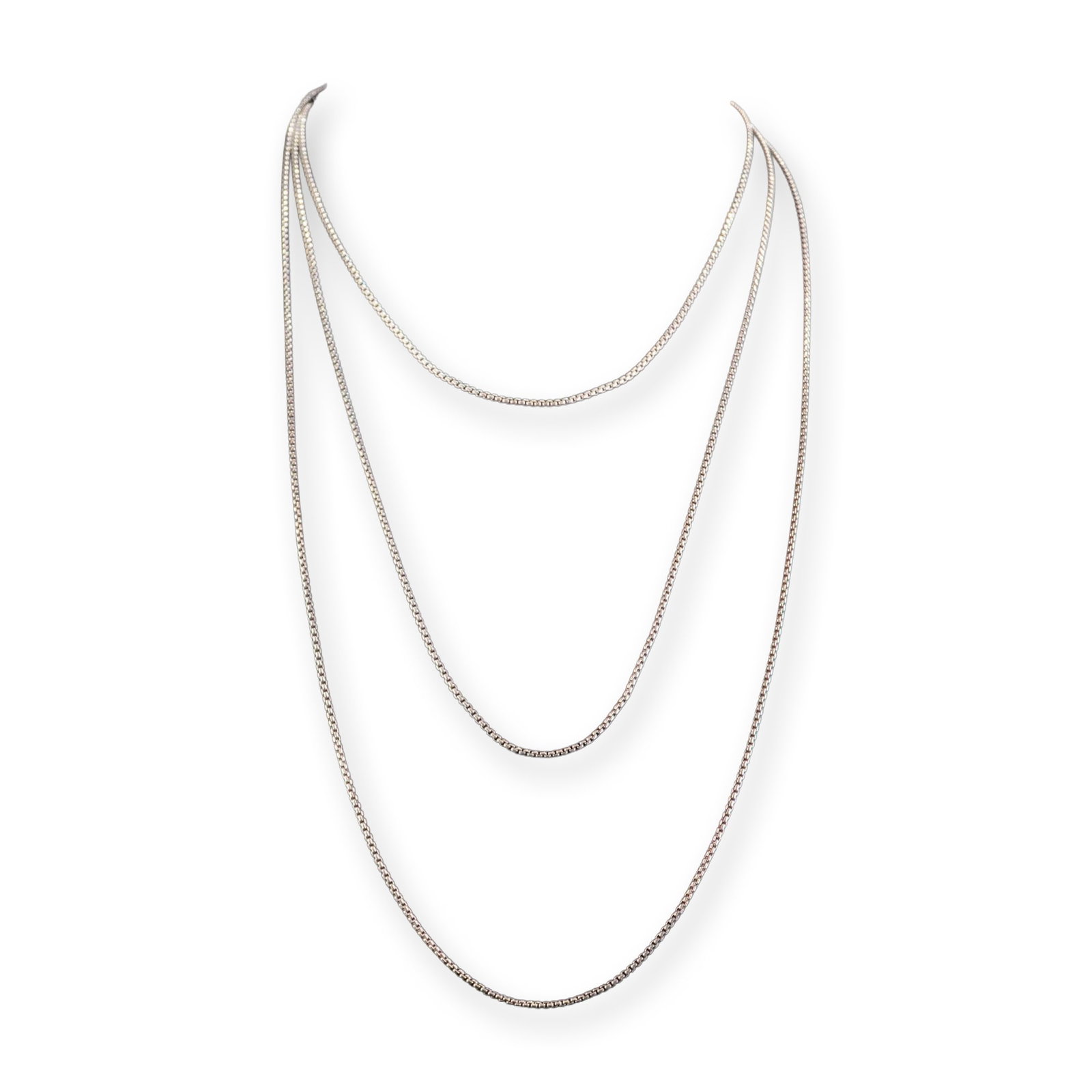 David Yurman Sterling Silver and 14K Yellow Gold 2.7mm Box Chain Necklace: Nakagawa long station-style necklace in gold-plated sterling silver, featuring cultured pearls arranged in individual and three-pearl groupings. The pearls display white to cream body color with high 