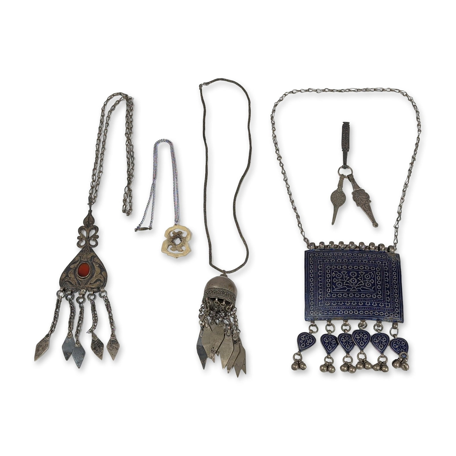 Collection of Five Ethnic Necklaces and Accessory: Collection of five items including ethnic style necklaces and a pendant, featuring examples in the Turkoman and Moroccan styles. A Turkmen style pendant necklace in silver-tone metal displays parcel-g