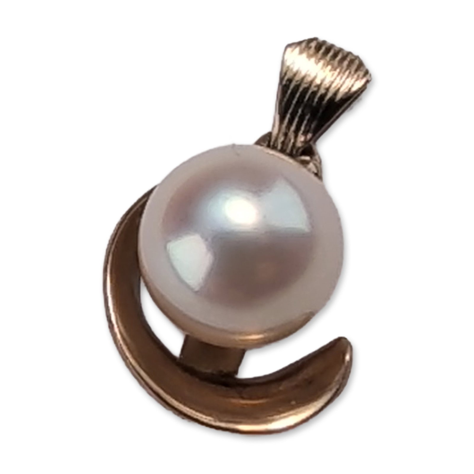 Contemporary 14K Yellow Gold and Cultured Pearl Pendant: Navajo sterling silver pendant by Freddy Maloney, featuring a central polished ammonite fossil cross-section displaying internal chambers. The fossil is set within a channel-inlaid border of turquoise