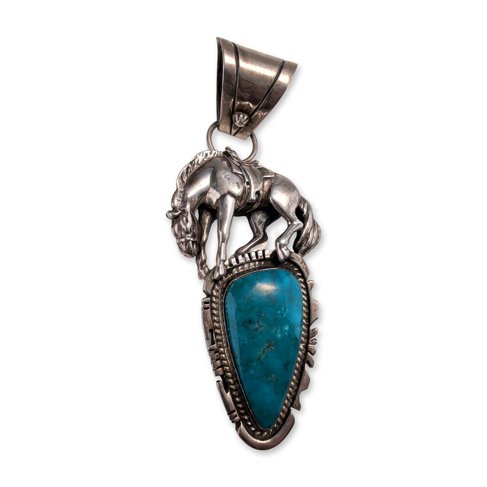 Jon McCray Navajo Sterling Silver Turquoise Horse Pendant: Native American style cross pendant in sterling silver, featuring an asymmetrical design with openwork scroll motifs and bezel-set turquoise cabochons. The turquoise stones include a combination of ro