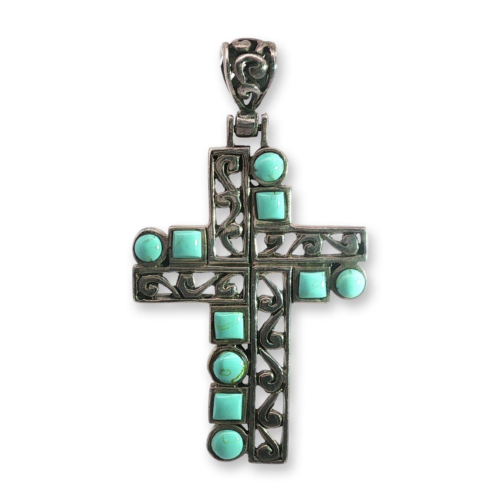 Native American Style Sterling Silver Turquoise Cross Pendant: Native American style cross pendant in sterling silver, featuring an asymmetrical design with openwork scroll motifs and bezel-set turquoise cabochons. The turquoise stones include a combination of ro