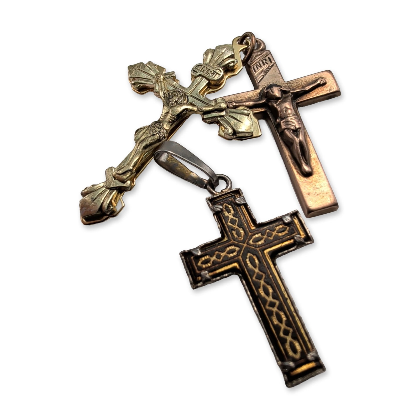 3pc Mixed Metal Devotional Pendants: One of a kind 14K gold pendant depicting Poseidon with trident, sea horse and dolphins. Perfect gift for Aquarius. Finely accented with multi color Amethyst gemstones and Swiss blue topaz. Marked 14K 