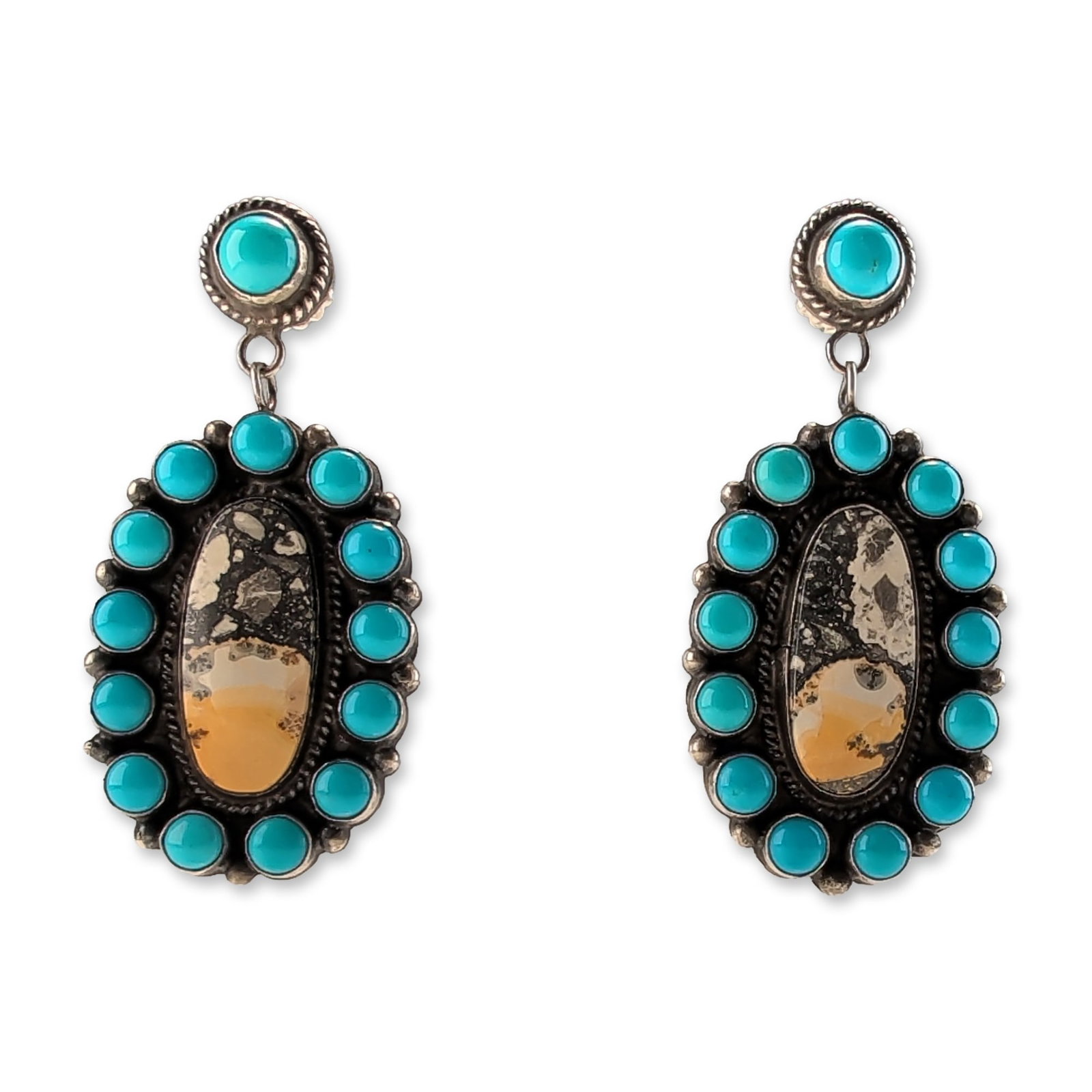 Anthony Skeets Navajo Sterling Silver Turquoise and Jasper Earrings: Anthony Skeets Navajo drop earrings in sterling silver, featuring central oval bumblebee jasper cabochons with orange, cream, and grey zones, each encircled by round turquoise stones. The stud tops ar
