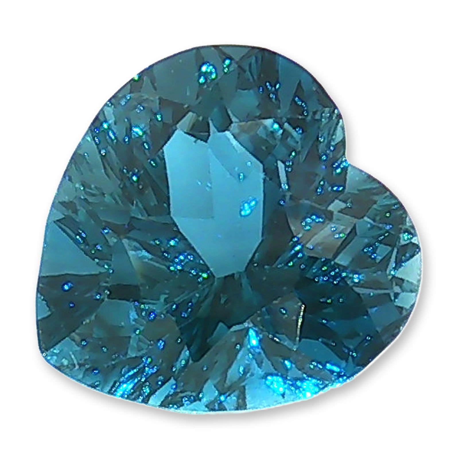 Loose Heart Cut London Blue Topaz: A loose, faceted gemstone appearing to be a ruby, displaying a rich pigeon blood red hue. This gemstone features a classic oval cut with a brilliant-style crown and faceted pavilion, offering deep, sa