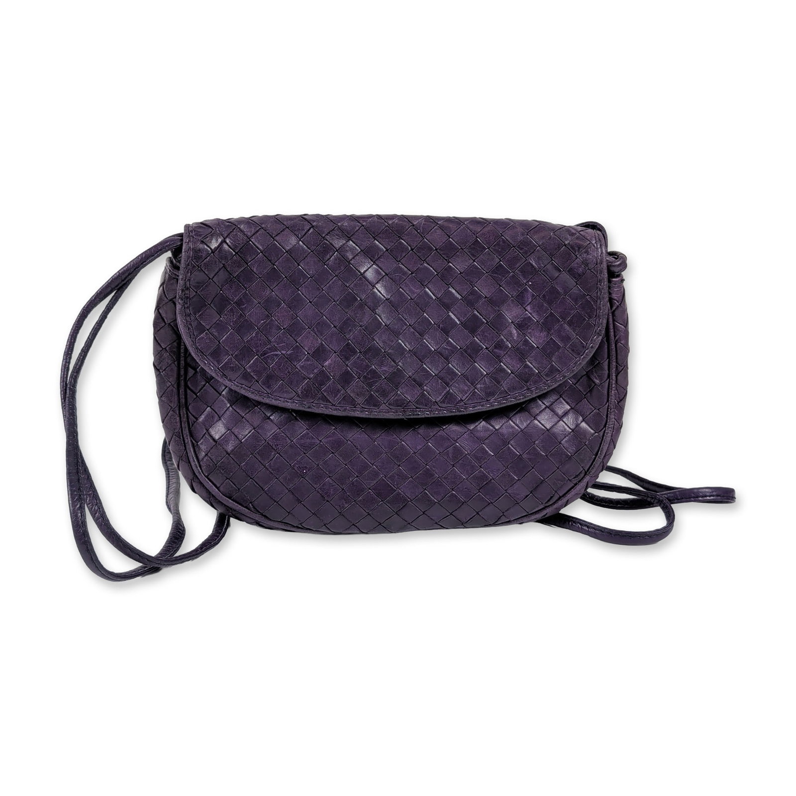Charles Jourdan Italian Woven Leather Shoulder Bag: Charles Jourdan Italian-made shoulder bag featuring a deep purple woven leather exterior in an intrecciato pattern. The bag is designed with a rounded front flap and dual thin leather shoulder