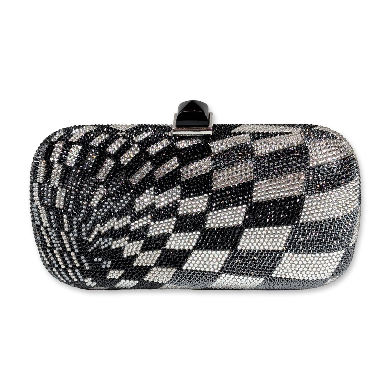 Judith Leiber Couture Crystal Checkerboard Evening Bag: Judith Leiber Couture hard-shell pill-shaped evening clutch minaudiere featuring a distorted black and silver-toned checkered pattern fully encrusted with hand-set Austrian crystals. The silver-toned 