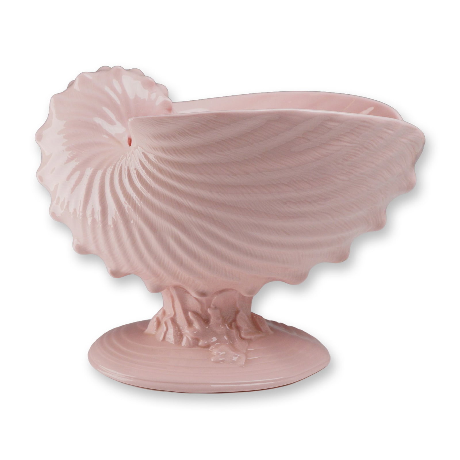 Wedgwood Alpine Pink Bone China Nautilus Shell Centerpiece Bowl: This bone china centerpiece bowl was manufactured by Wedgwood in England as part of the Alpine Pink collection. The vessel is designed in the form of a nautilus shell with realistic spiral ribbing and
