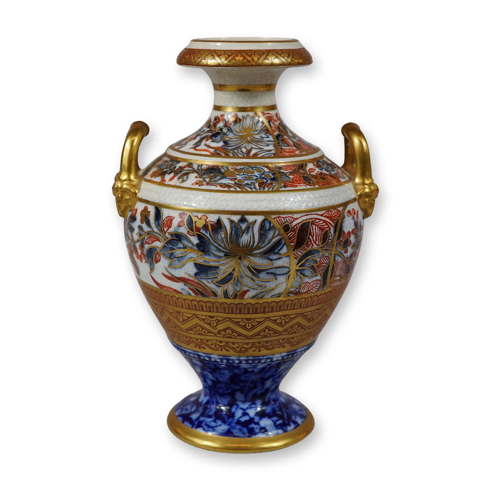 Wedgwood Aesthetic Movement Twin Handled Gilded Ceramic Vase in the Japanese Style: This Wedgwood ceramic twin-handled footed vase produced during the Victorian Aesthetic Movement, approximately circa 1870. The piece is designed in an Orientalist manner, drawing inspiration from Japa
