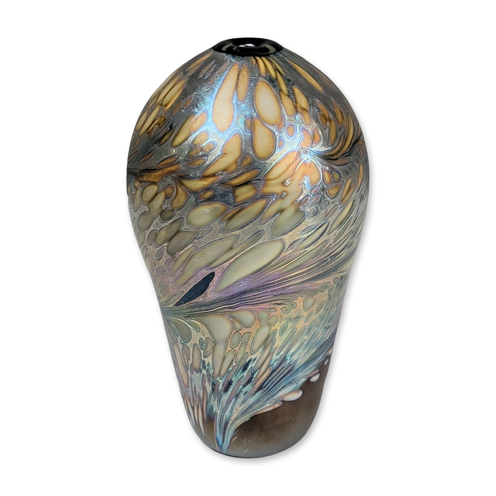 Iridescent Studio Art Glass Bud Vase: Hand-blown iridescent art glass bud vase of teardrop form, featuring a pulled feather pattern in cream and ochre tones. The exterior surface is finished with a metallic fumed iridescence producing an 