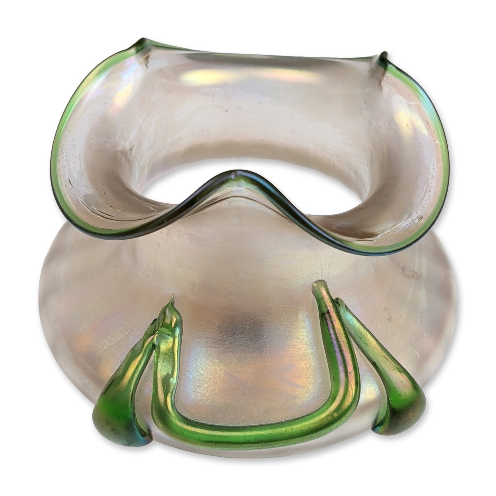 Loetz Inspired Art Nouveau Cuspidor Glass Vase: Art Nouveau blown iridescent glass vase in a bulbous "cuspidor" form. The body features a pearlescent white iridized finish with gold and pink lustrous highlights and a pinched trefoil ruffled rim. Ap