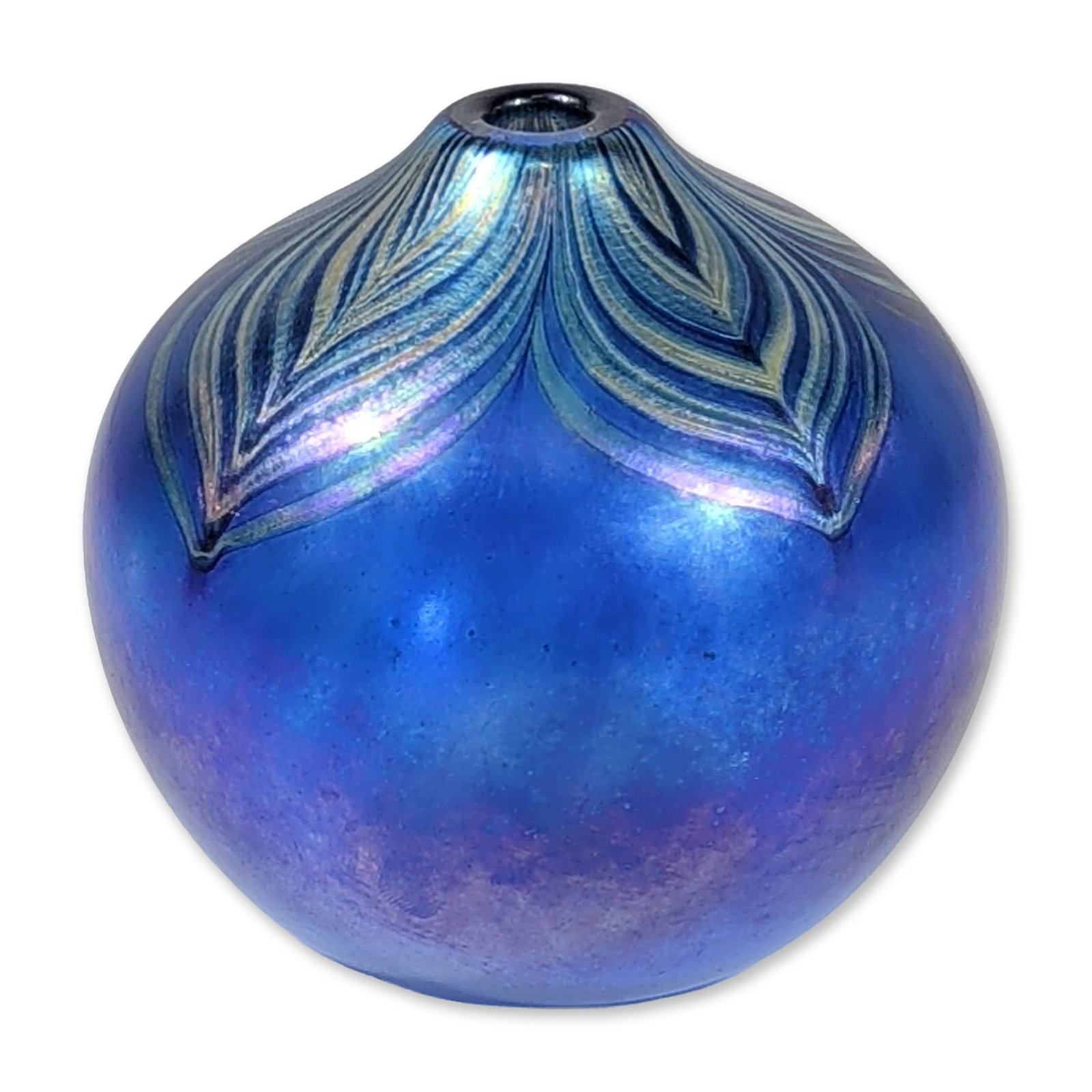 Norman Stuart Blake (American, 20th century) Iridescent Art Glass Vase, Signed: Norman Stuart Blake (American, 20th century). Squat bulbous art glass vase dated 1994. The piece is executed in a deep cobalt blue with an all-over iridescent metallic luster exhibiting purple and tea
