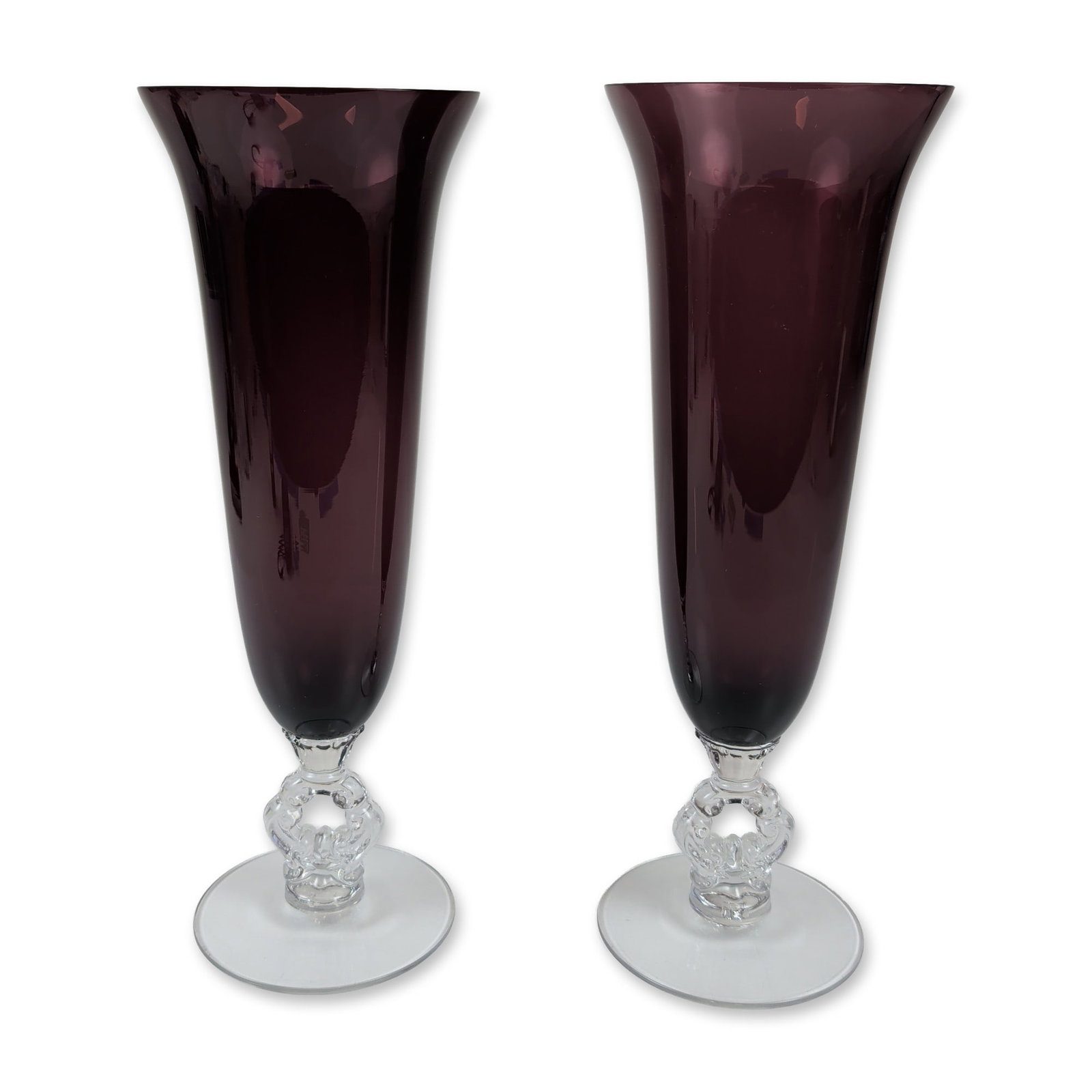 Pair of Amethyst and Clear Glass Vases: Collection of art glass decorative items including a Caithness Glass thimble, a lapel pin, and assorted miniature paperweights. The clear glass thimble is etched with the Caithness Scotland mark and l
