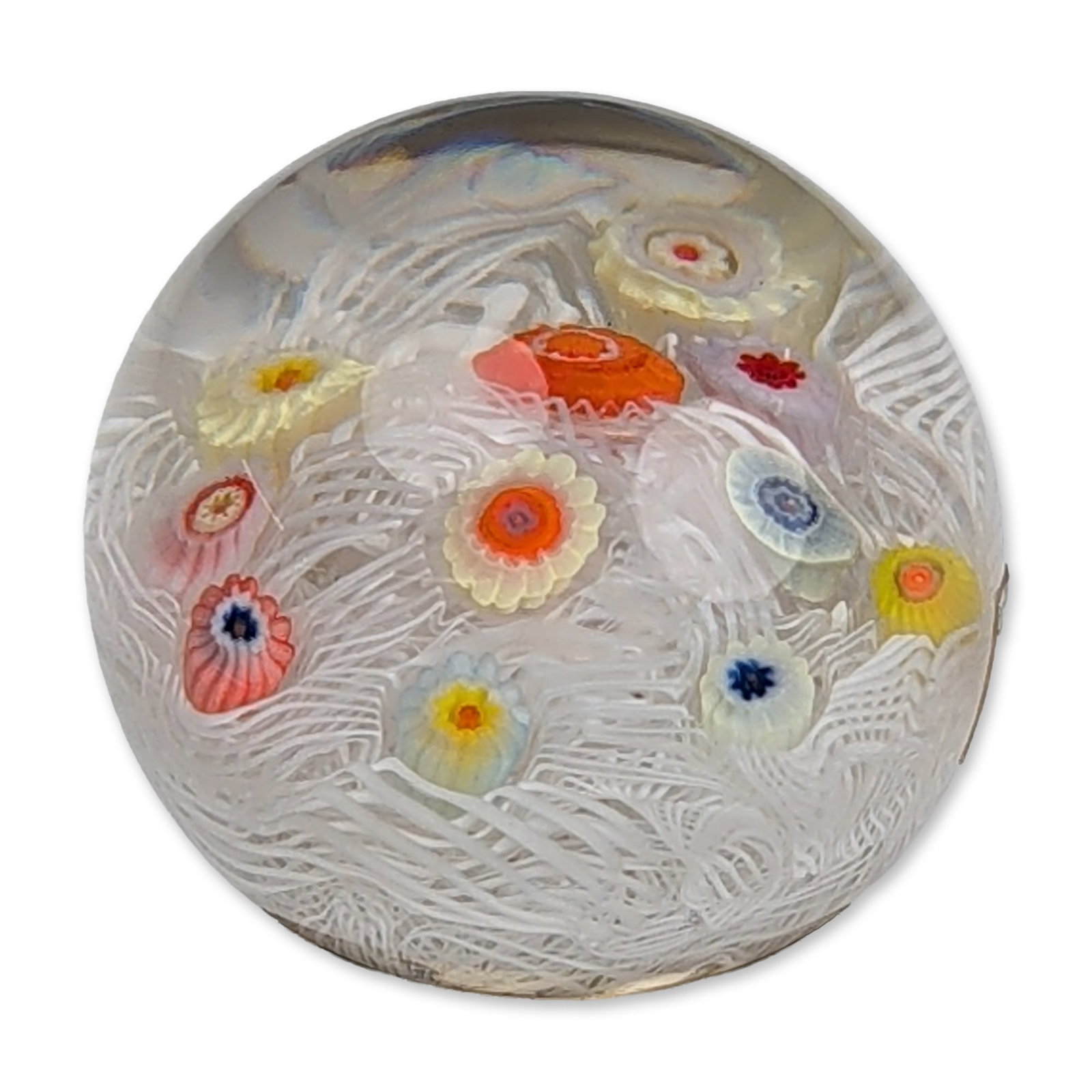 Strathearn Scottish Art Glass Millefiori Paperweight Doorknob: Strathearn Glass, Ltd., Crieff, Scotland, circa 1975. A glass paperweight doorknob featuring a scrambled muslin base of white filigree latticinio threads, overlaid with scattered millefiori canes in